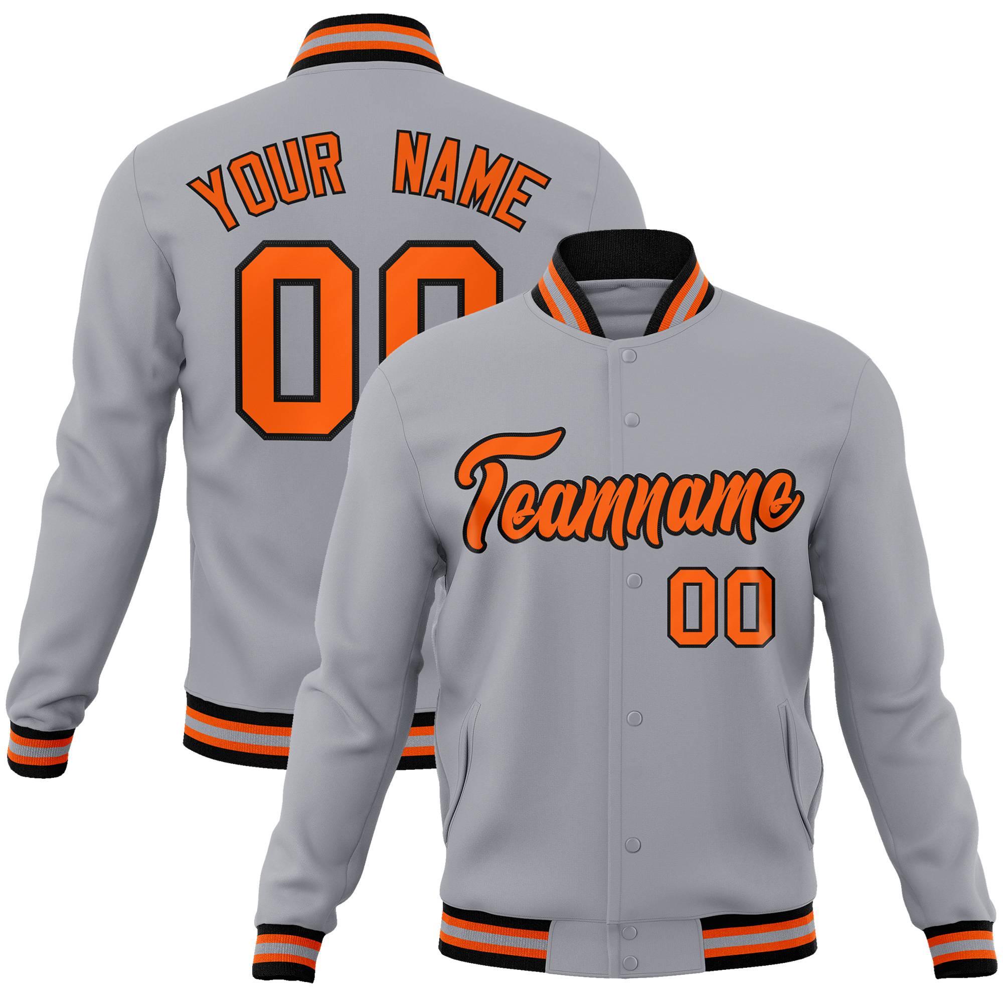 Custom Gray Orange Black Bomber Full-Snap Varsity Letterman Jacket