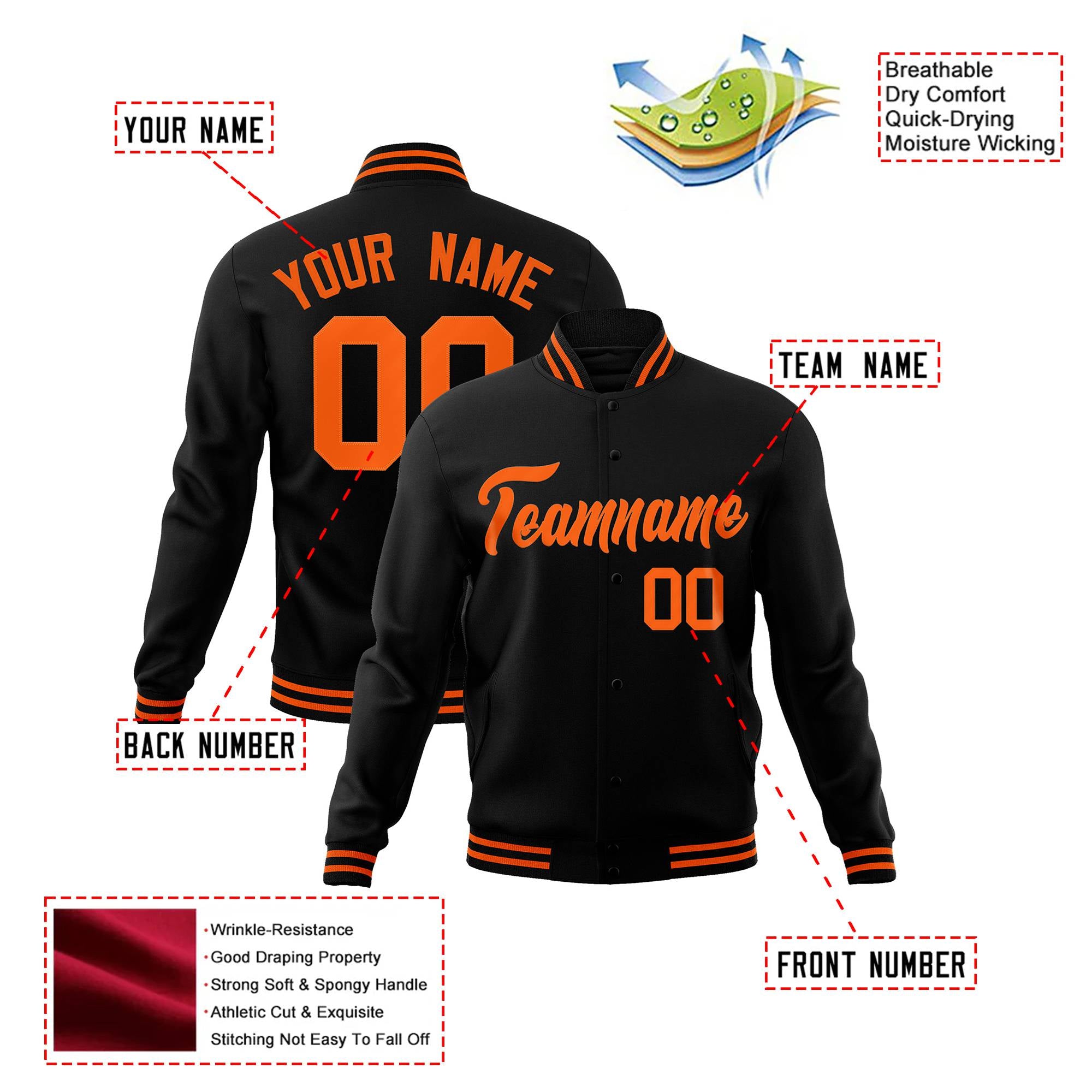 Custom Black Orange Bomber Full-Snap Varsity Letterman Jacket