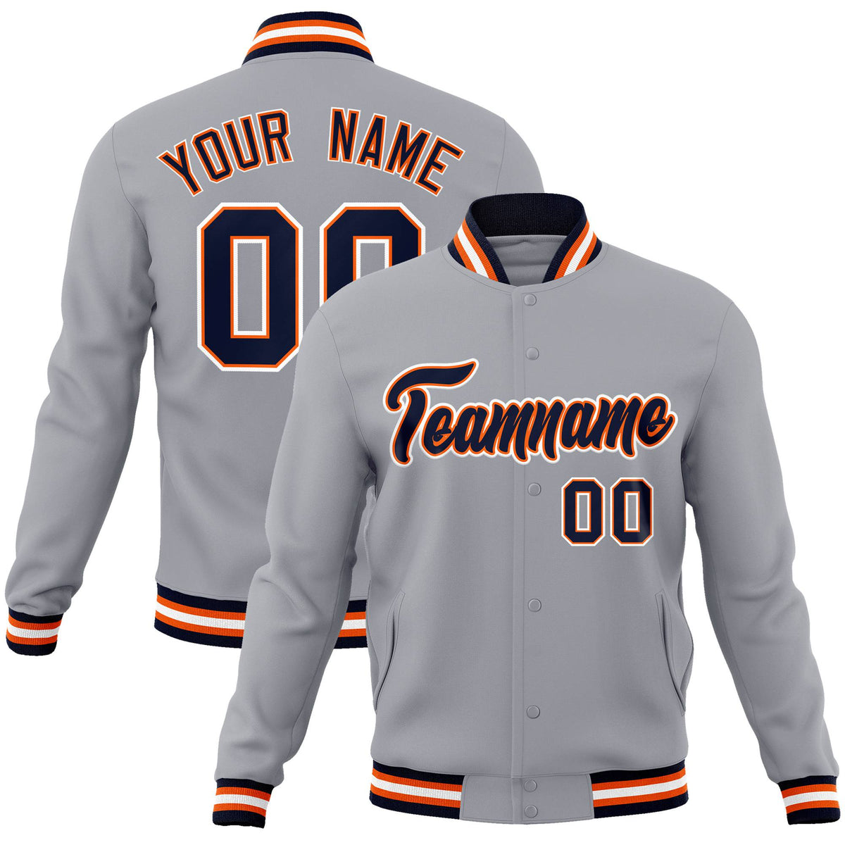 Custom Gray Navy Orange Bomber Full-Snap Varsity Letterman Jacket