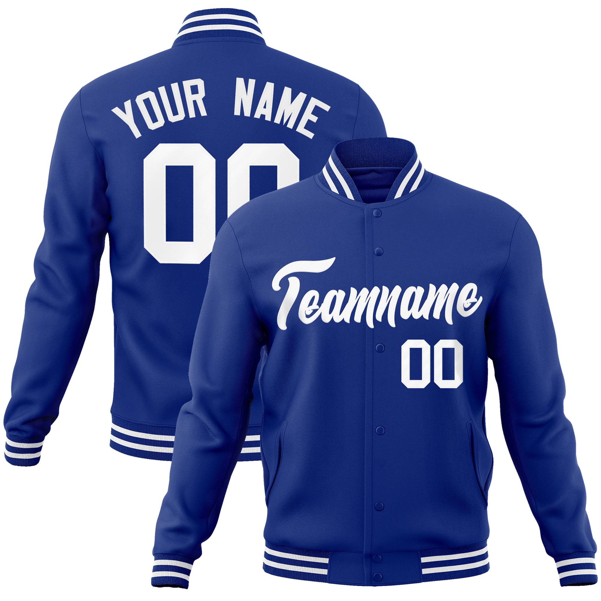 Custom Navy Blue-White Bomber Full-Snap Varsity Letterman Jacket