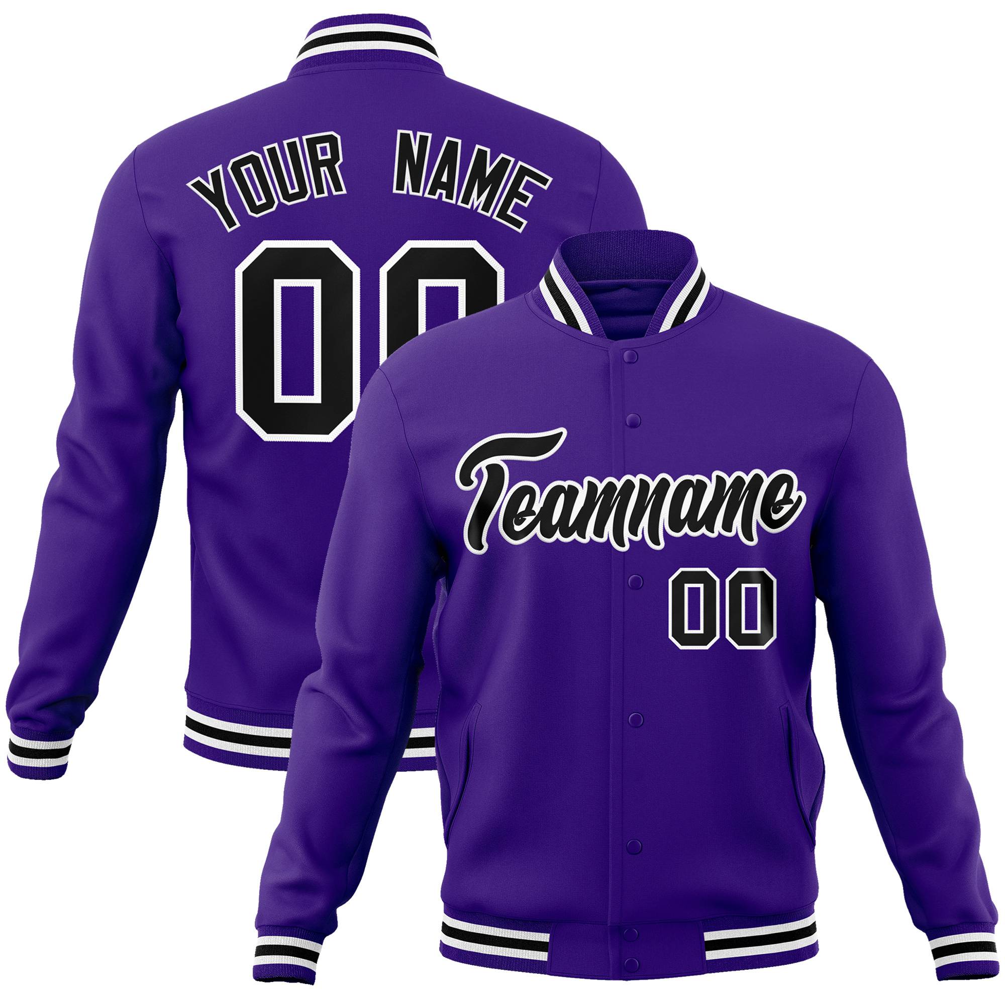 Custom Purple Black-White Bomber Full-Snap Varsity Letterman Jacket