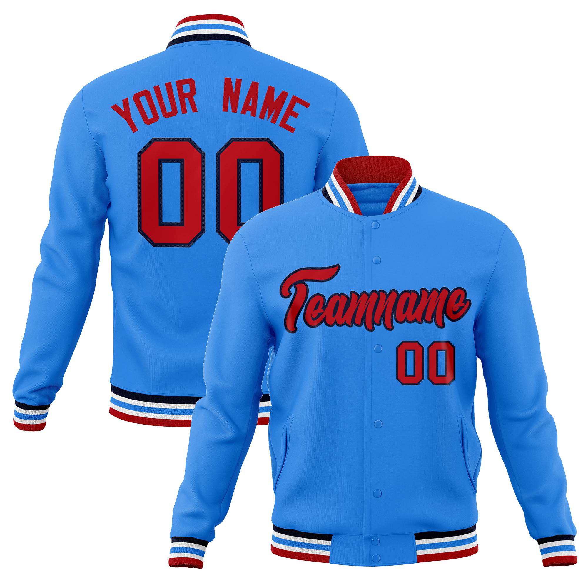 Custom Electric Blue Red-Black Bomber Full-Snap Varsity Letterman Jacket