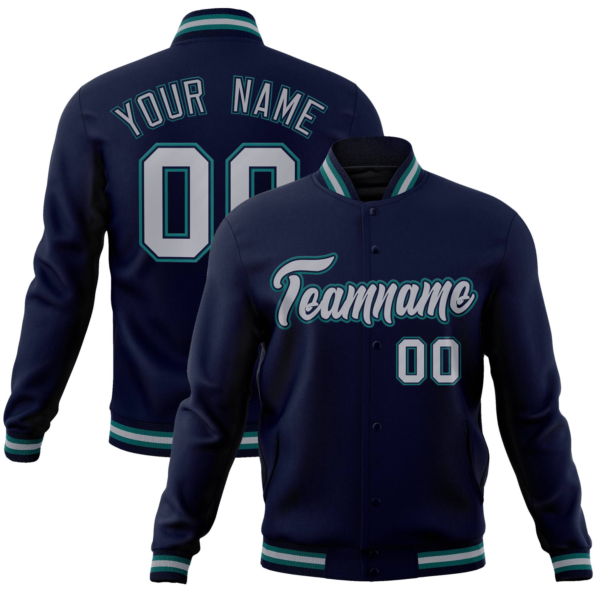 Custom Navy Gray-Aqua Bomber Full-Snap Varsity Letterman Jacket