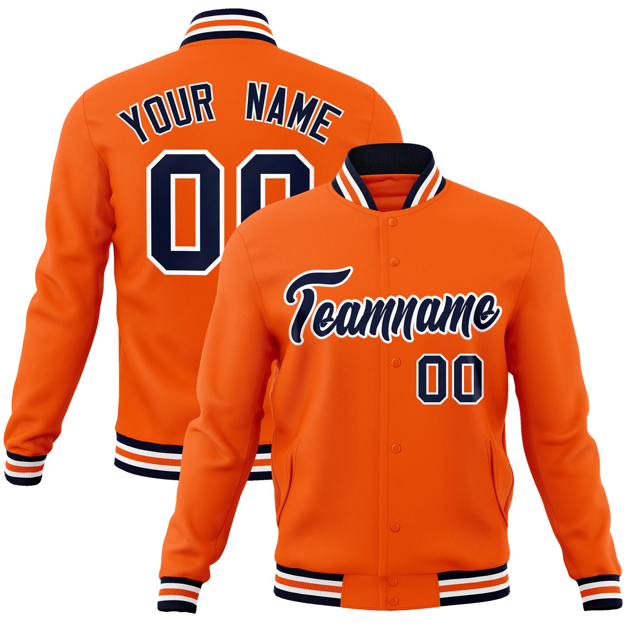 Custom Orange Navy-White Bomber Full-Snap Varsity Letterman Jacket