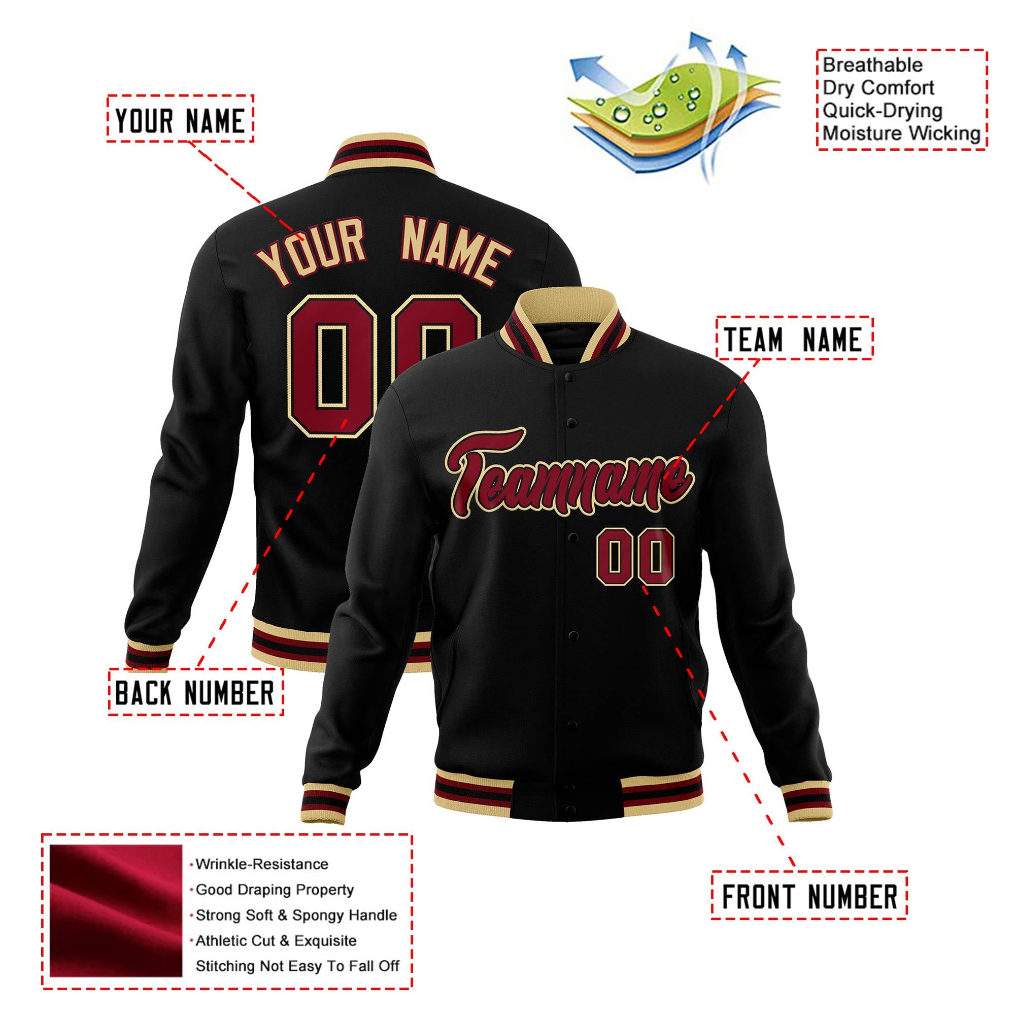 Custom Black Burgundy Old-Gold Bomber Full-Snap Varsity Letterman Jacket