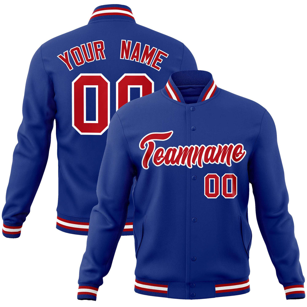 Custom Navy Blue Red-White Bomber Full-Snap Varsity Letterman Jacket
