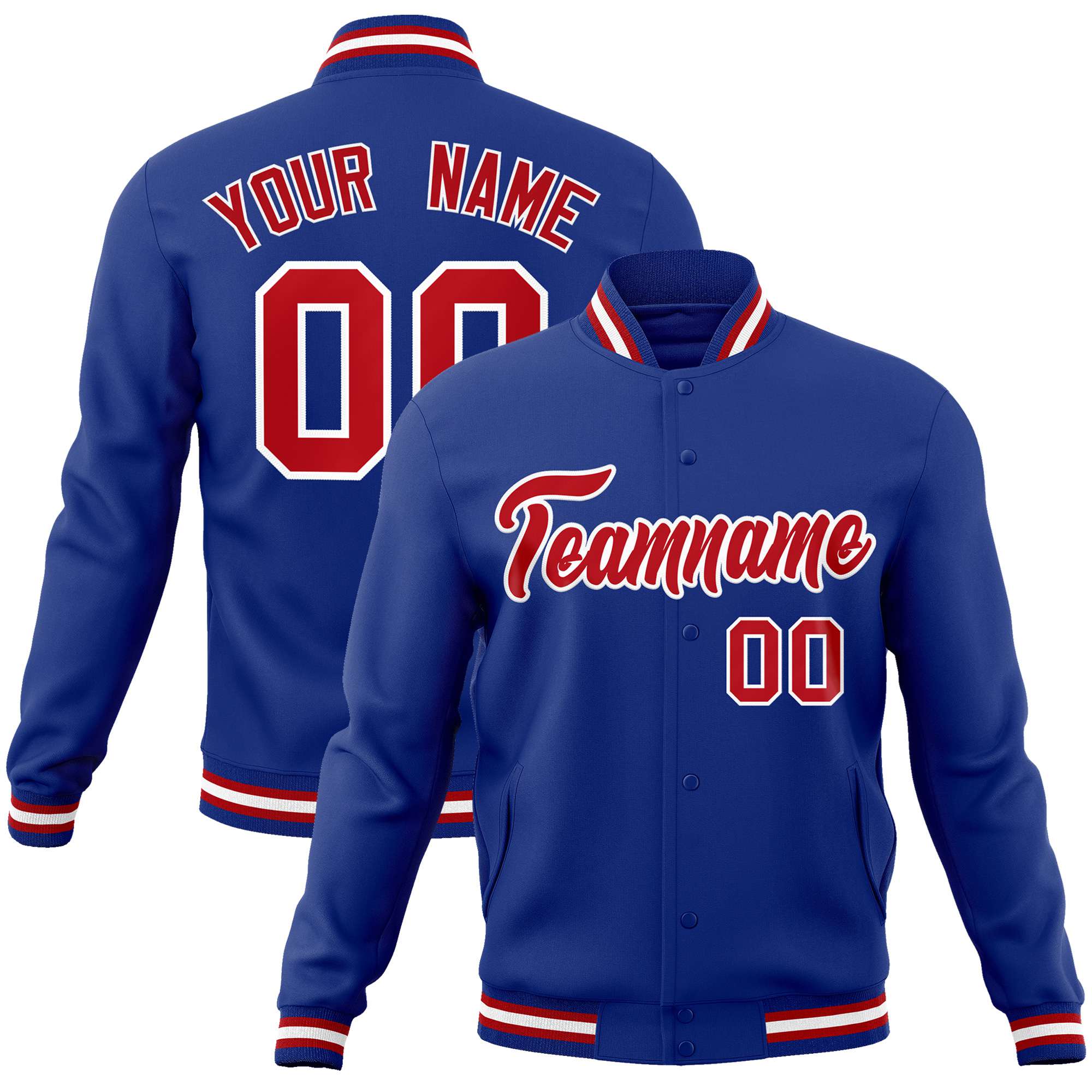 Custom Navy Blue Red-White Bomber Full-Snap Varsity Letterman Jacket