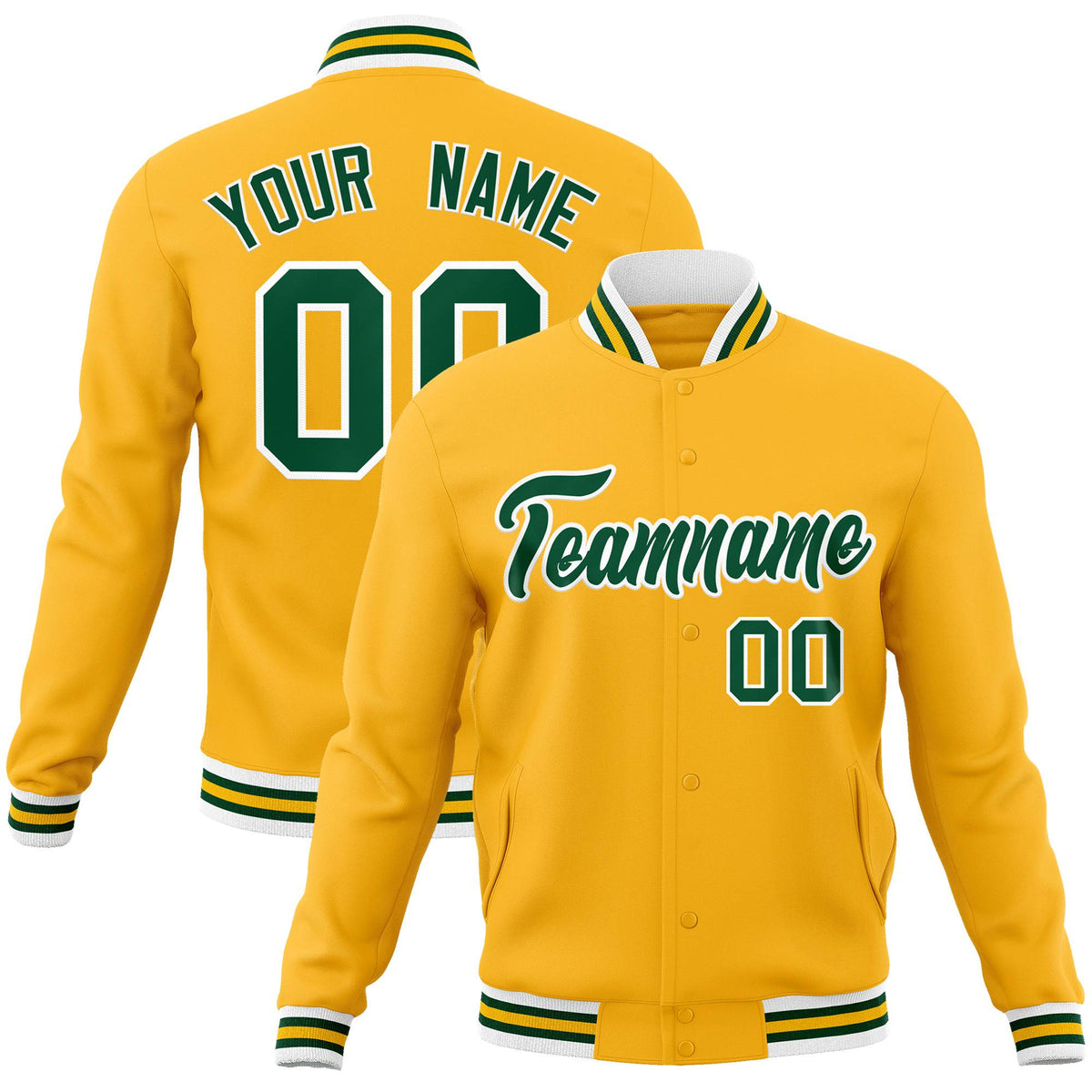 Custom Gold Kelly-Green White Bomber Full-Snap Varsity Letterman Jacket