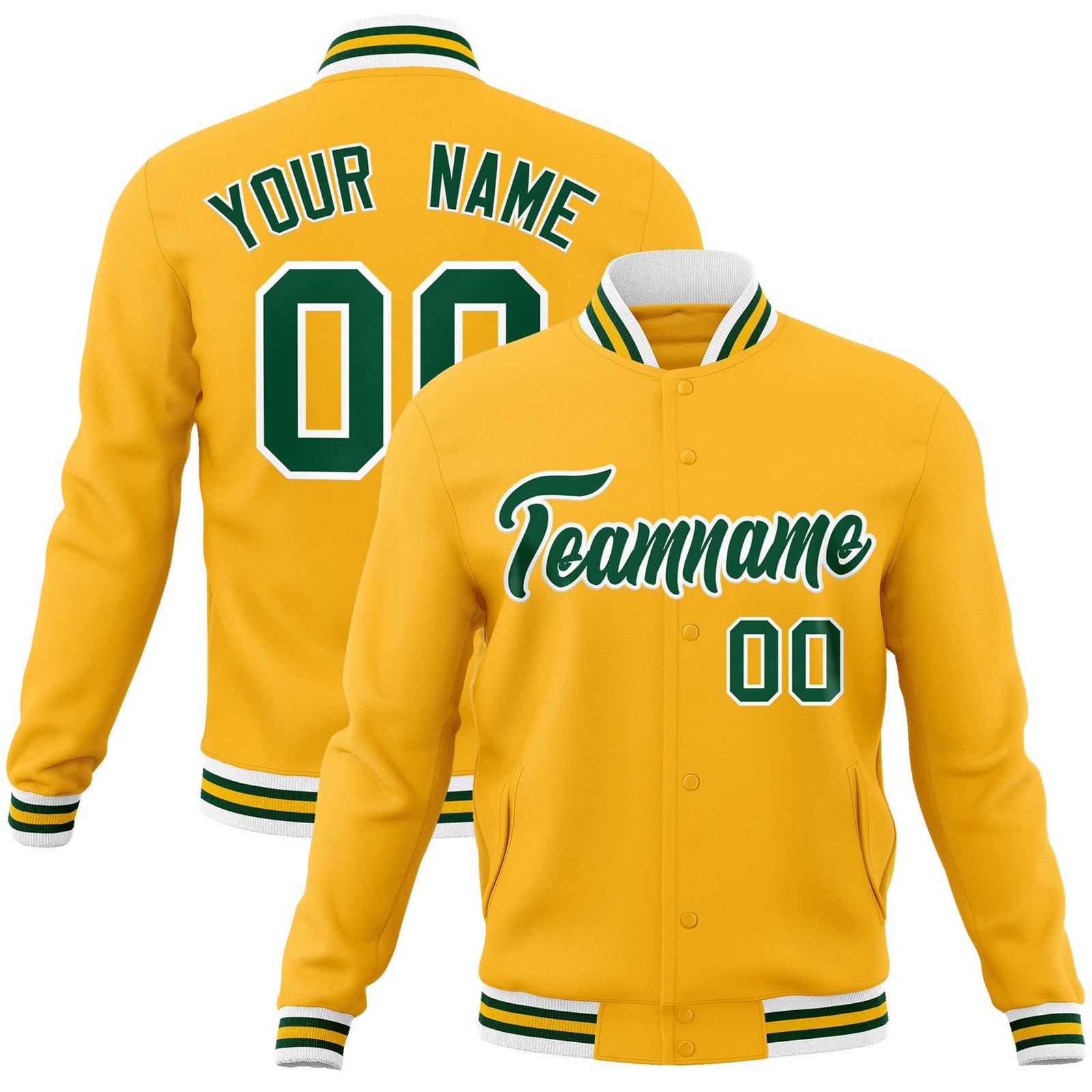 Custom Gold Kelly-Green White Bomber Full-Snap Varsity Letterman Jacket