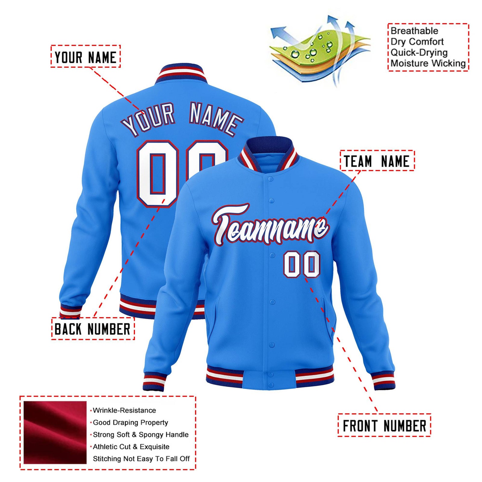 Custom Light Blue White-Red Bomber Full-Snap Varsity Letterman Jacket