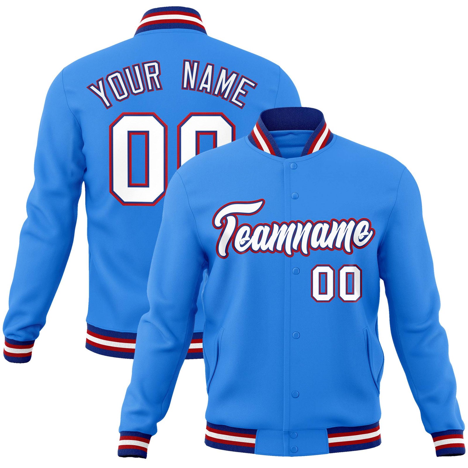 Custom Light Blue White-Red Bomber Full-Snap Varsity Letterman Jacket