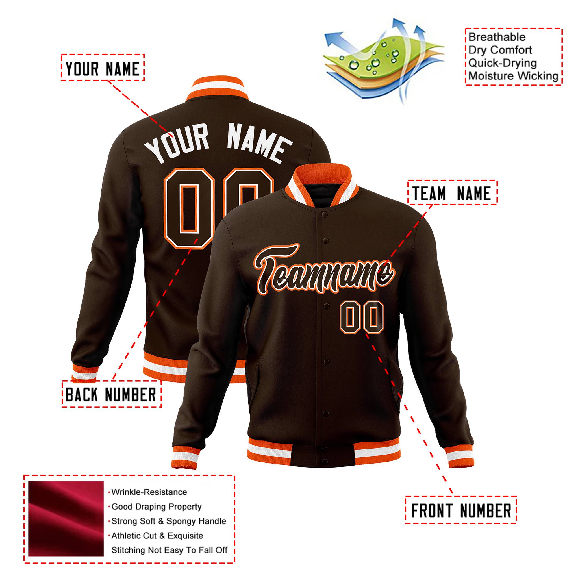 Custom Olive White Orange Bomber Full-Snap Varsity Letterman Jacket