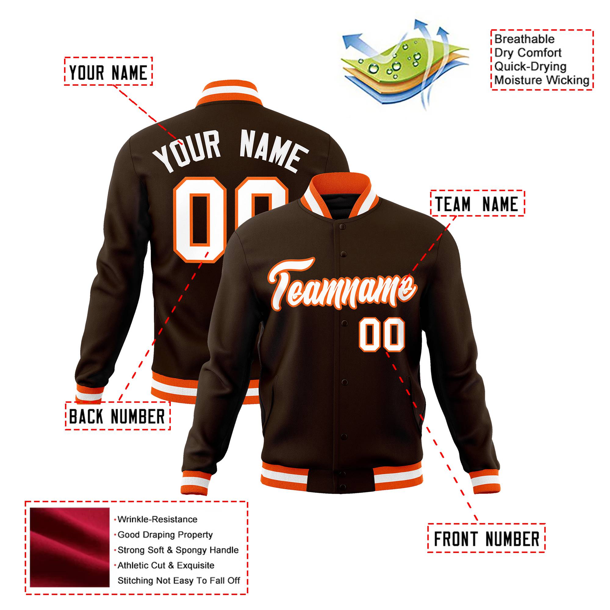 Custom Olive Orange White Bomber Full-Snap Varsity Letterman Jacket