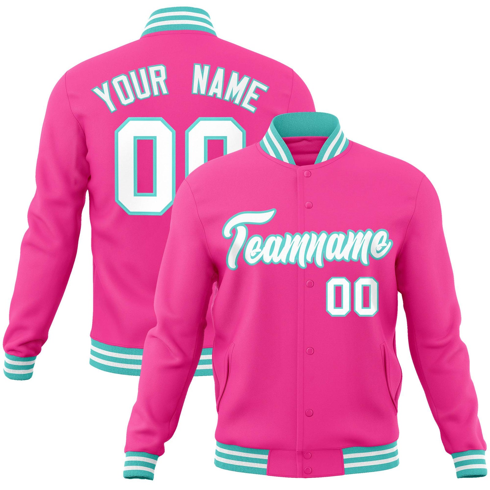 Custom Pink White Aqua Bomber Full-Snap Varsity Letterman Jacket