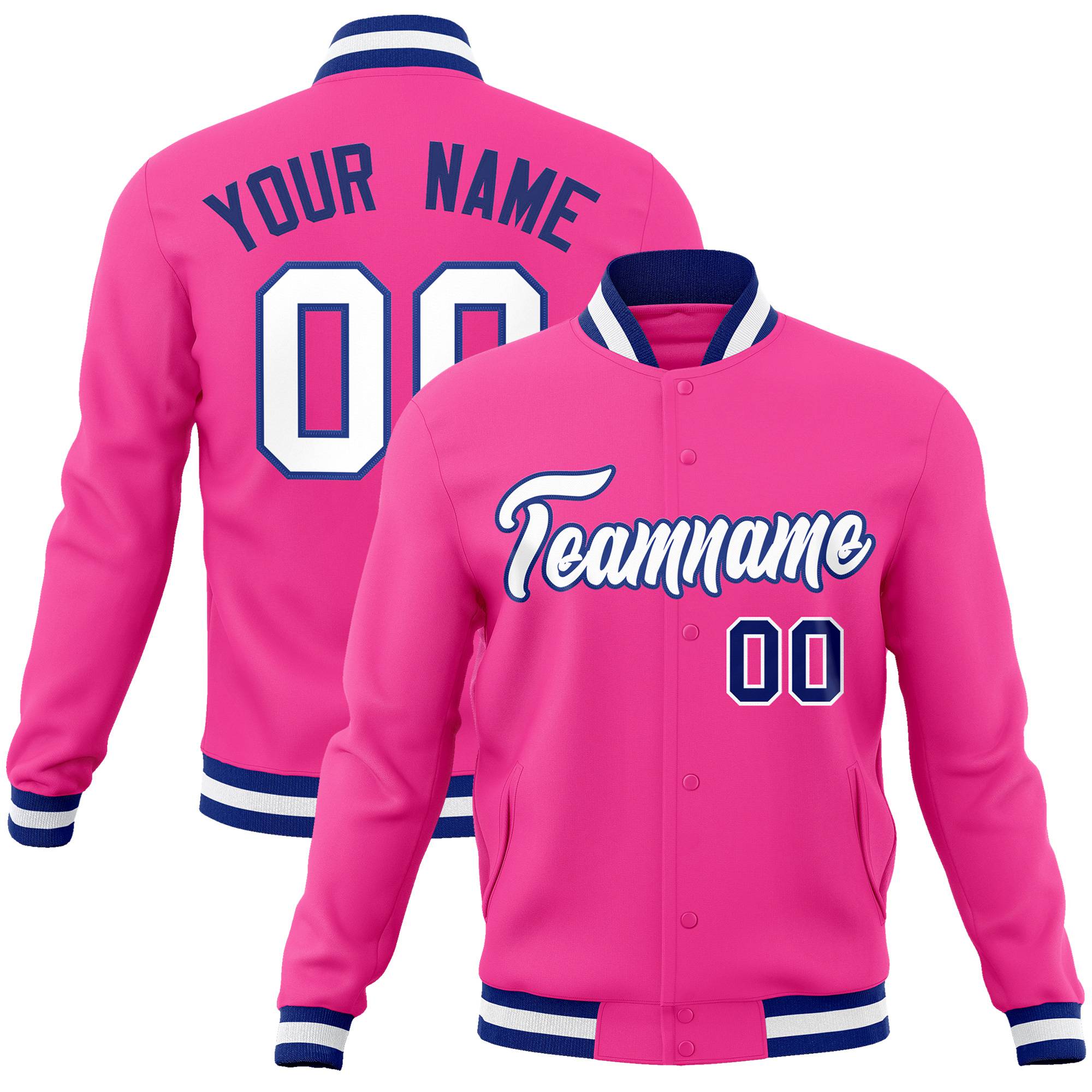 Custom Pink White Navy Bomber Full-Snap Varsity Letterman Jacket