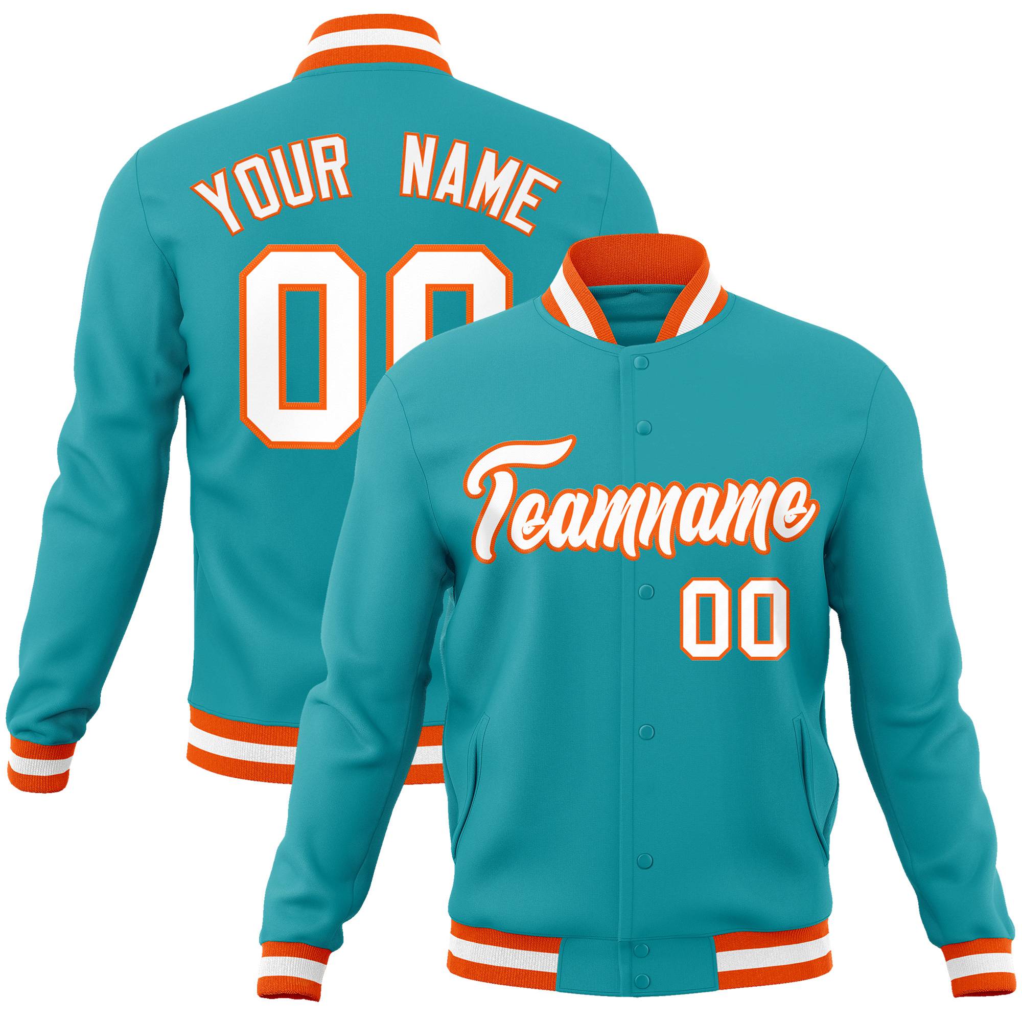 Custom Aqua White Orange Bomber Full-Snap Varsity Letterman Jacket