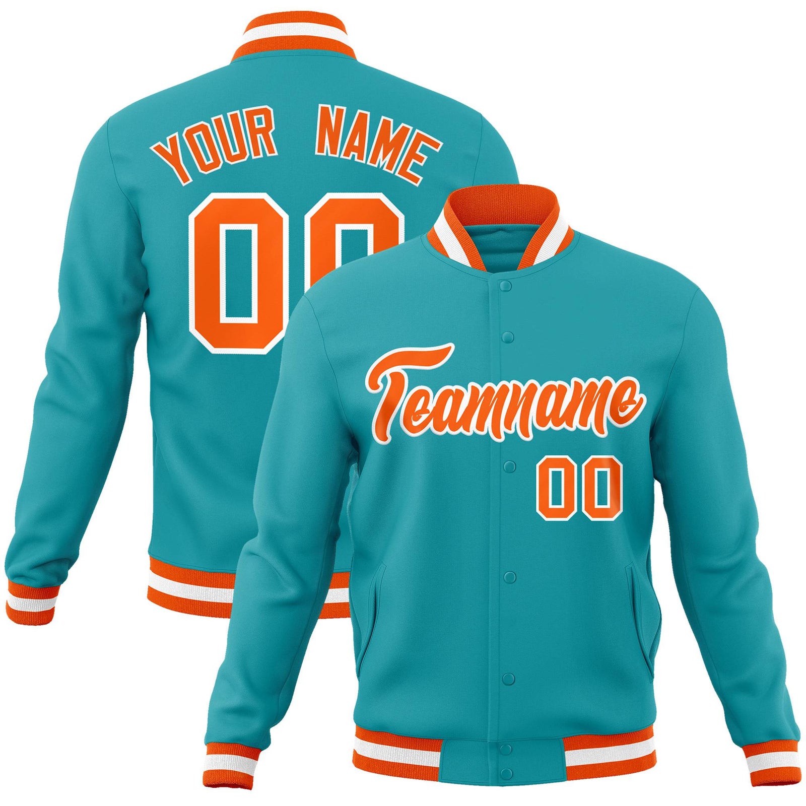 Custom Aqua Orange White Bomber Full-Snap Varsity Letterman Jacket