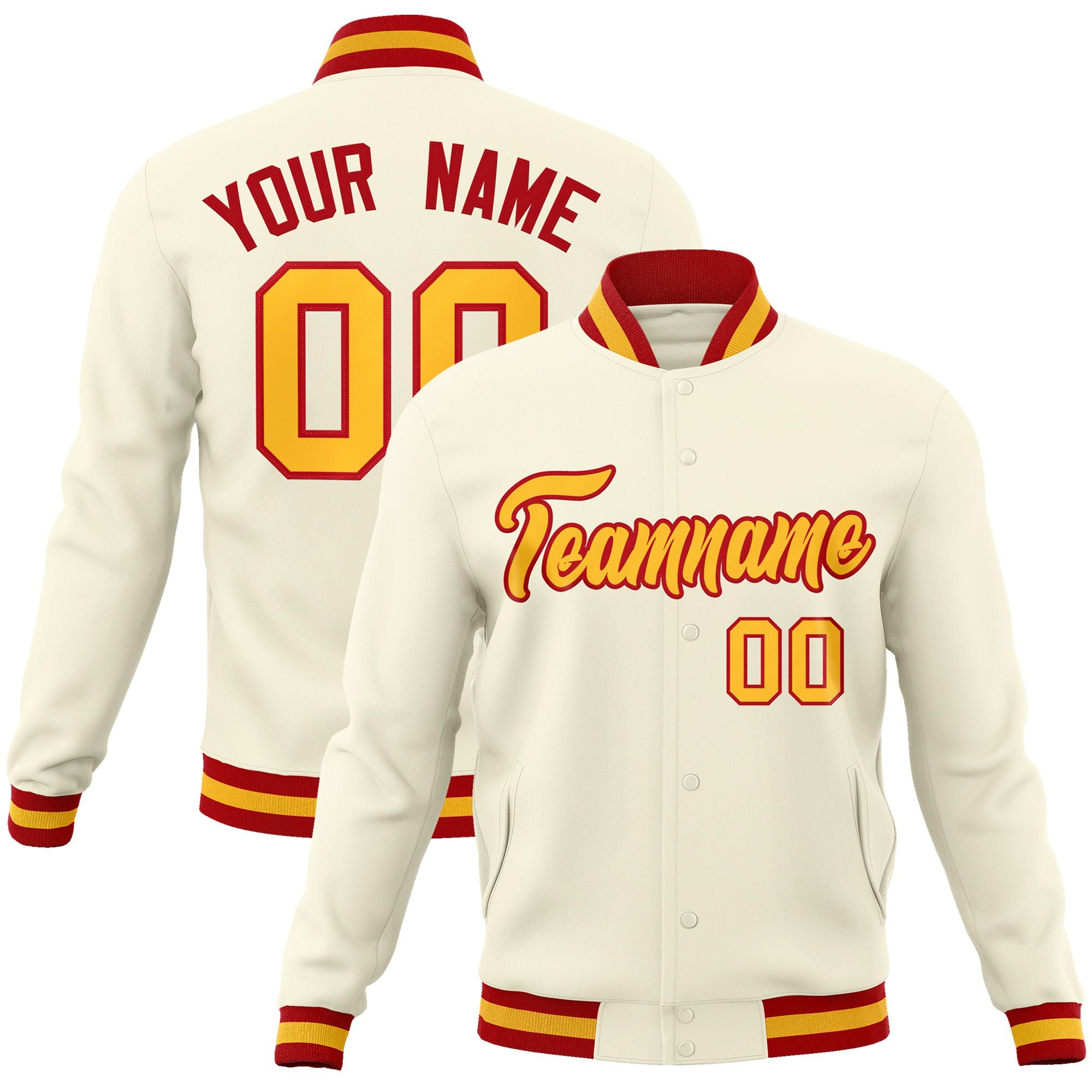 Custom Cream Yellow Red Bomber Full-Snap Varsity Letterman Jacket