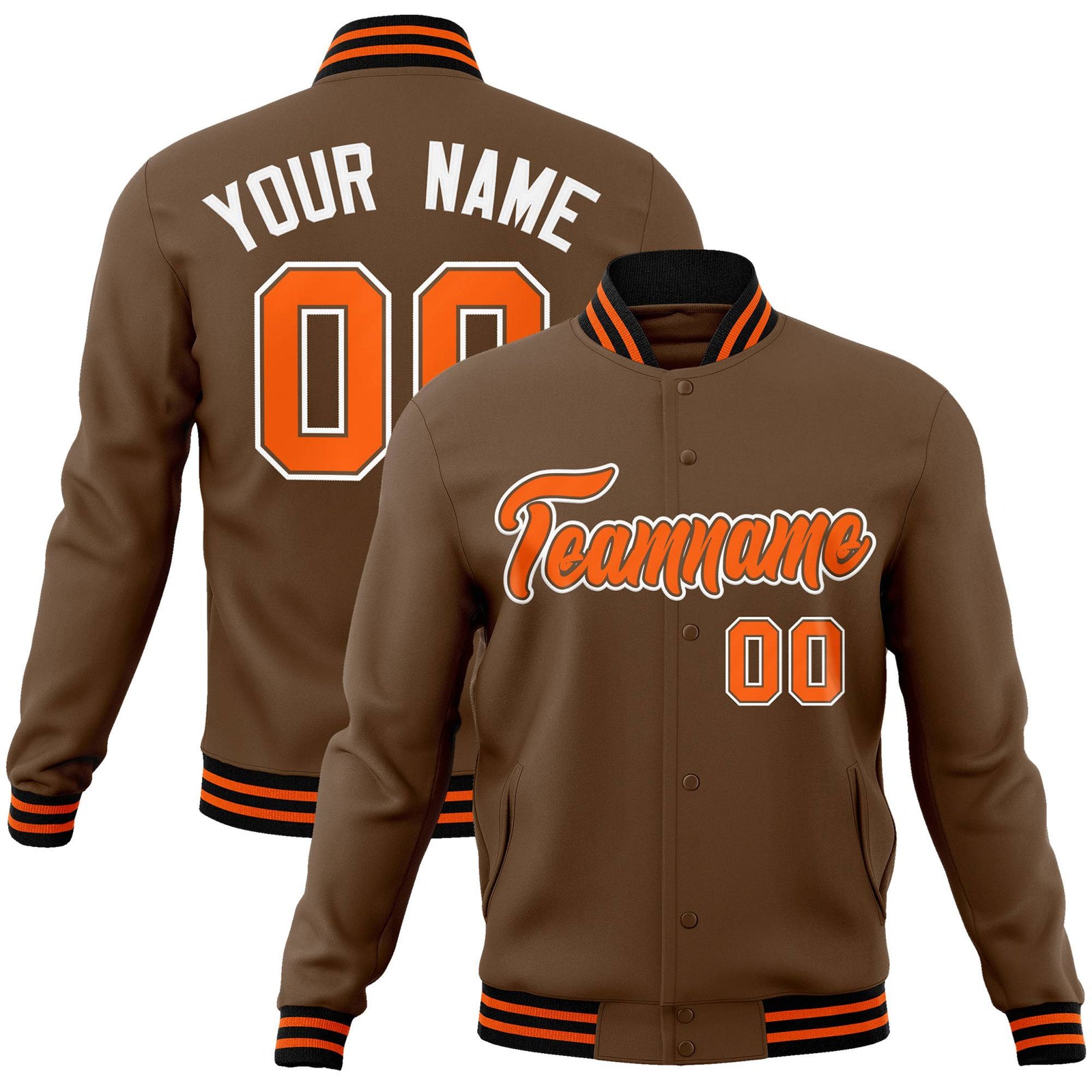Custom Brown Orange White Bomber Full-Snap Varsity Letterman Jacket