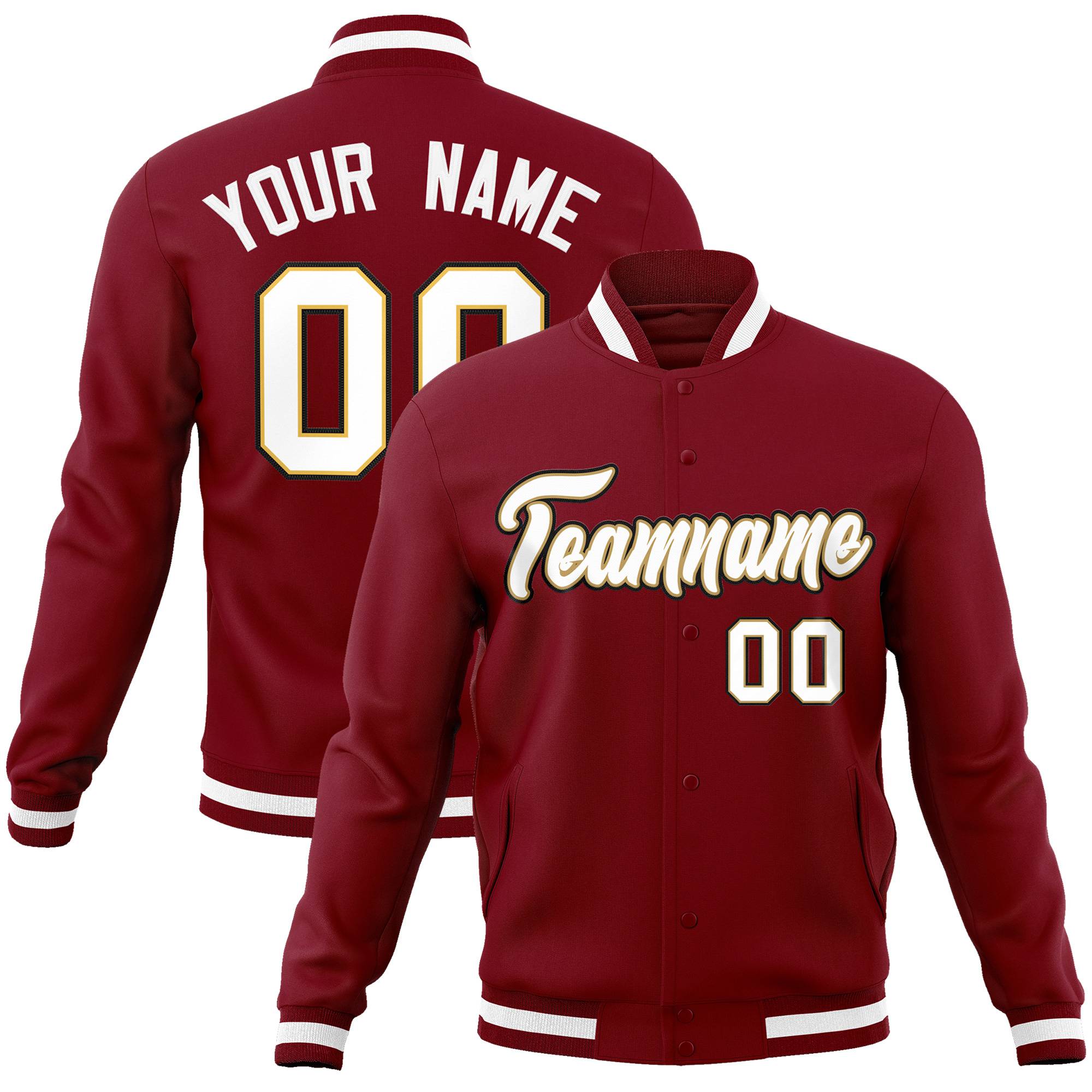 Custom Burgundy White-Gold Bomber Full-Snap Varsity Letterman Jacket