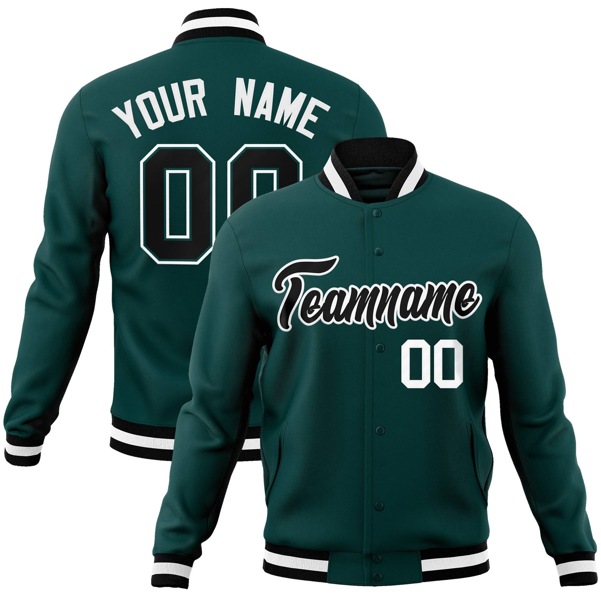 Custom Midnight-Green Black-White Bomber Full-Snap Varsity Letterman Jacket