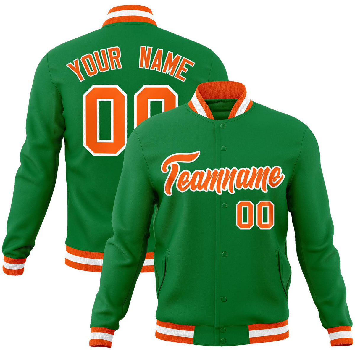 Custom Neon-Green Orange-White Bomber Full-Snap Varsity Letterman Jacket