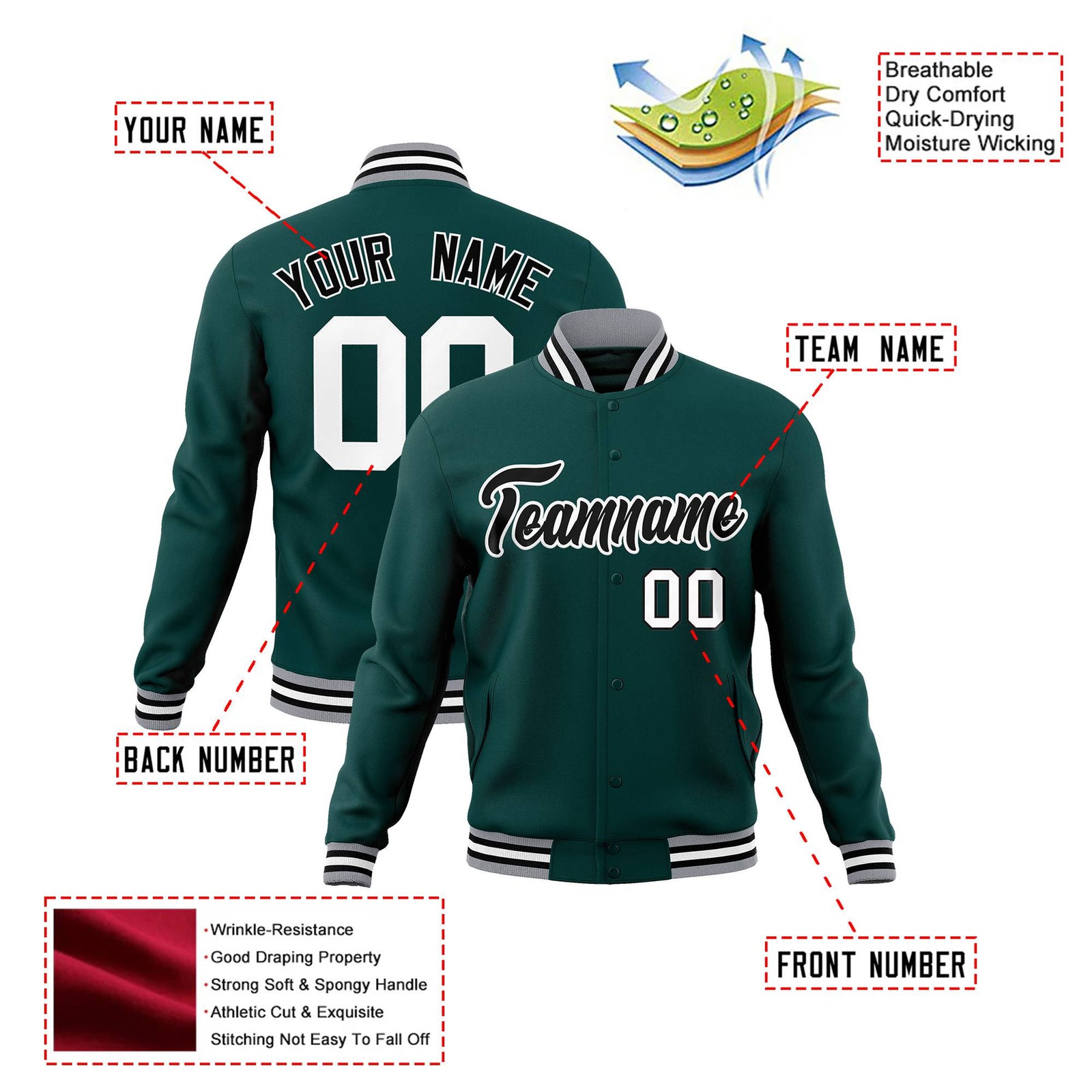 Custom Midnight-Green Black Gray Bomber Full-Snap Varsity Letterman Jacket