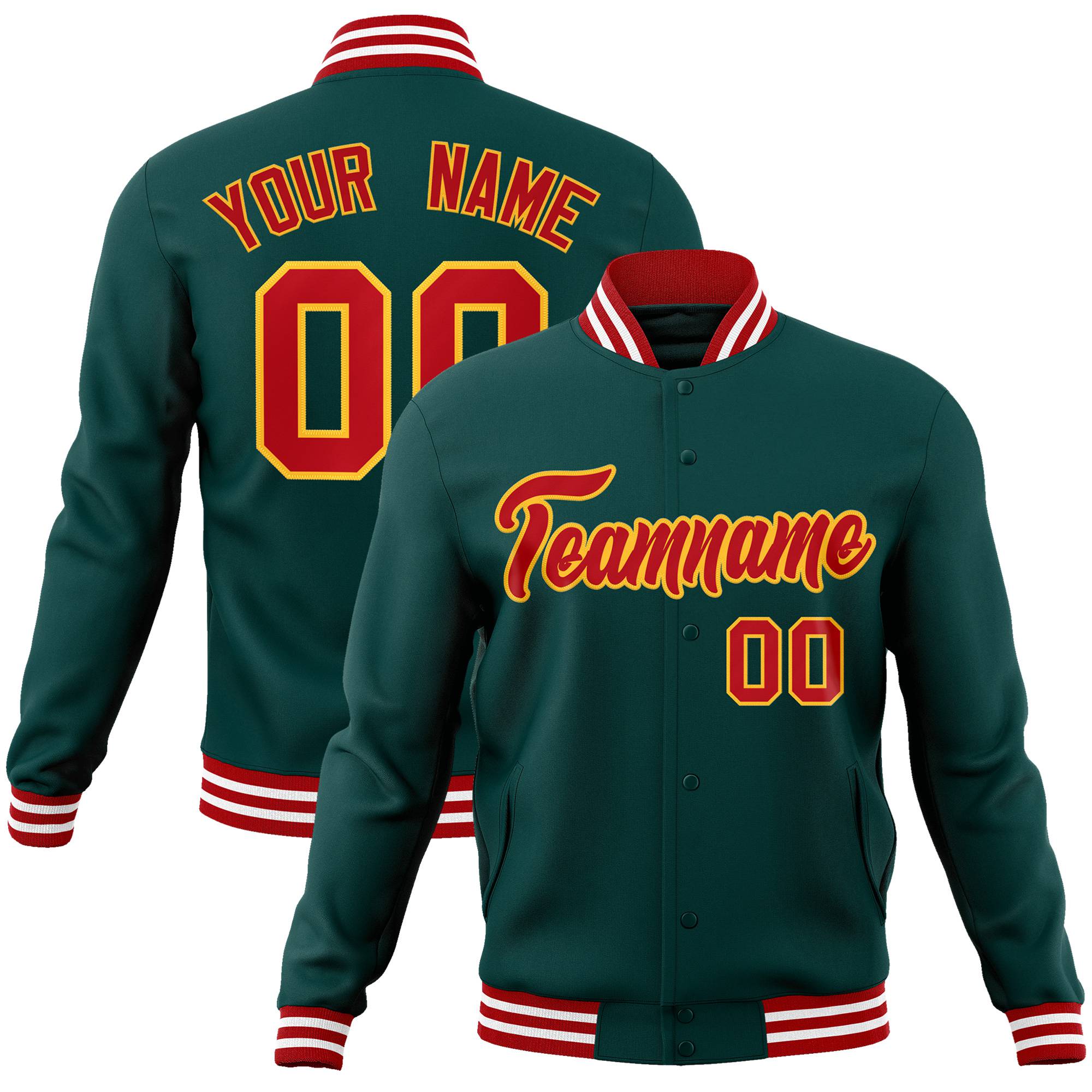 Custom Midnight-Green Red-Gold Bomber Full-Snap Varsity Letterman Jacket