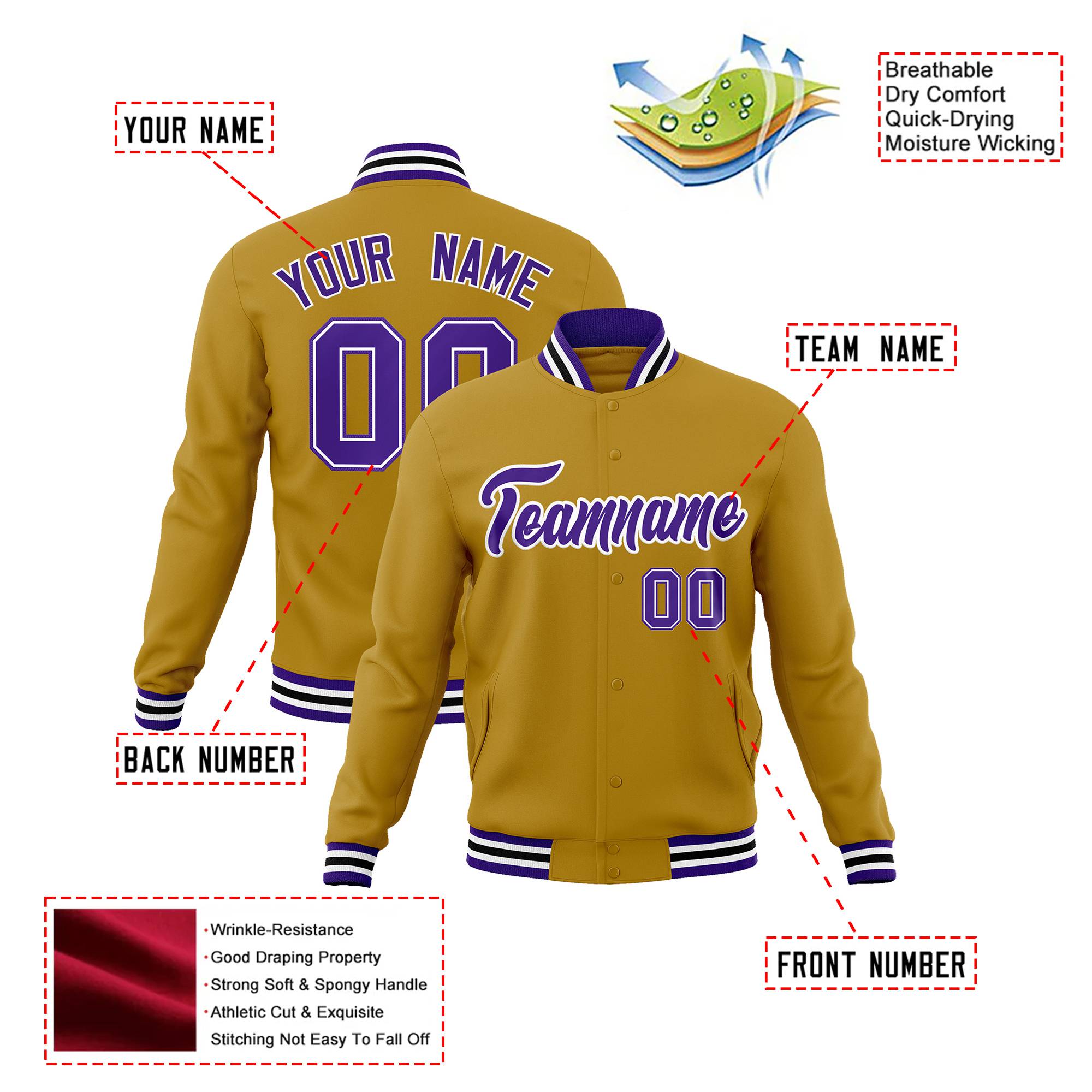 Custom Brown Purple White Bomber Full-Snap Varsity Letterman Jacket