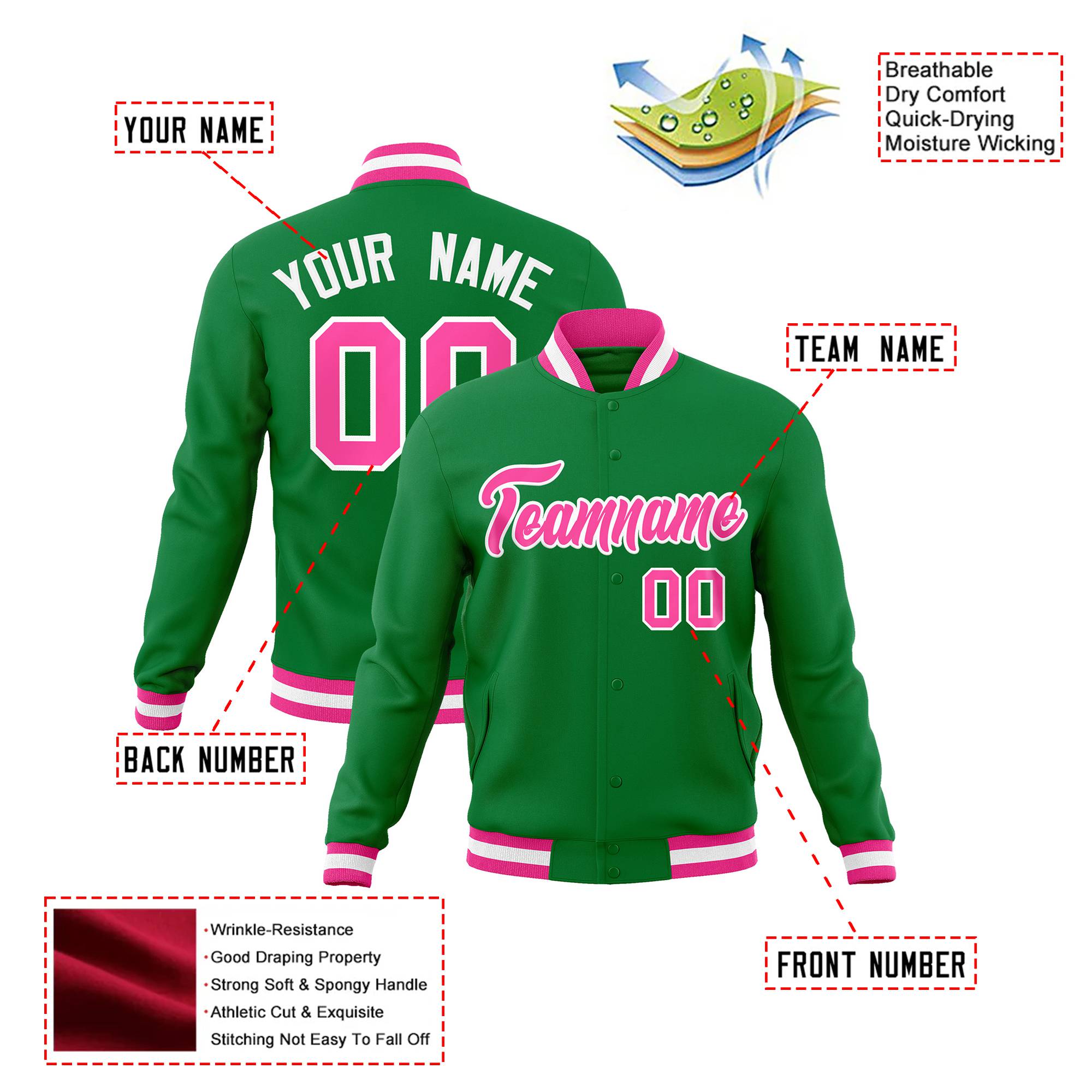 Custom Neon-Green Pink-White Bomber Full-Snap Varsity Letterman Jacket