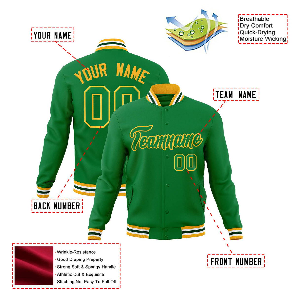 Custom Neon-Green Gold Bomber Full-Snap Varsity Letterman Jacket