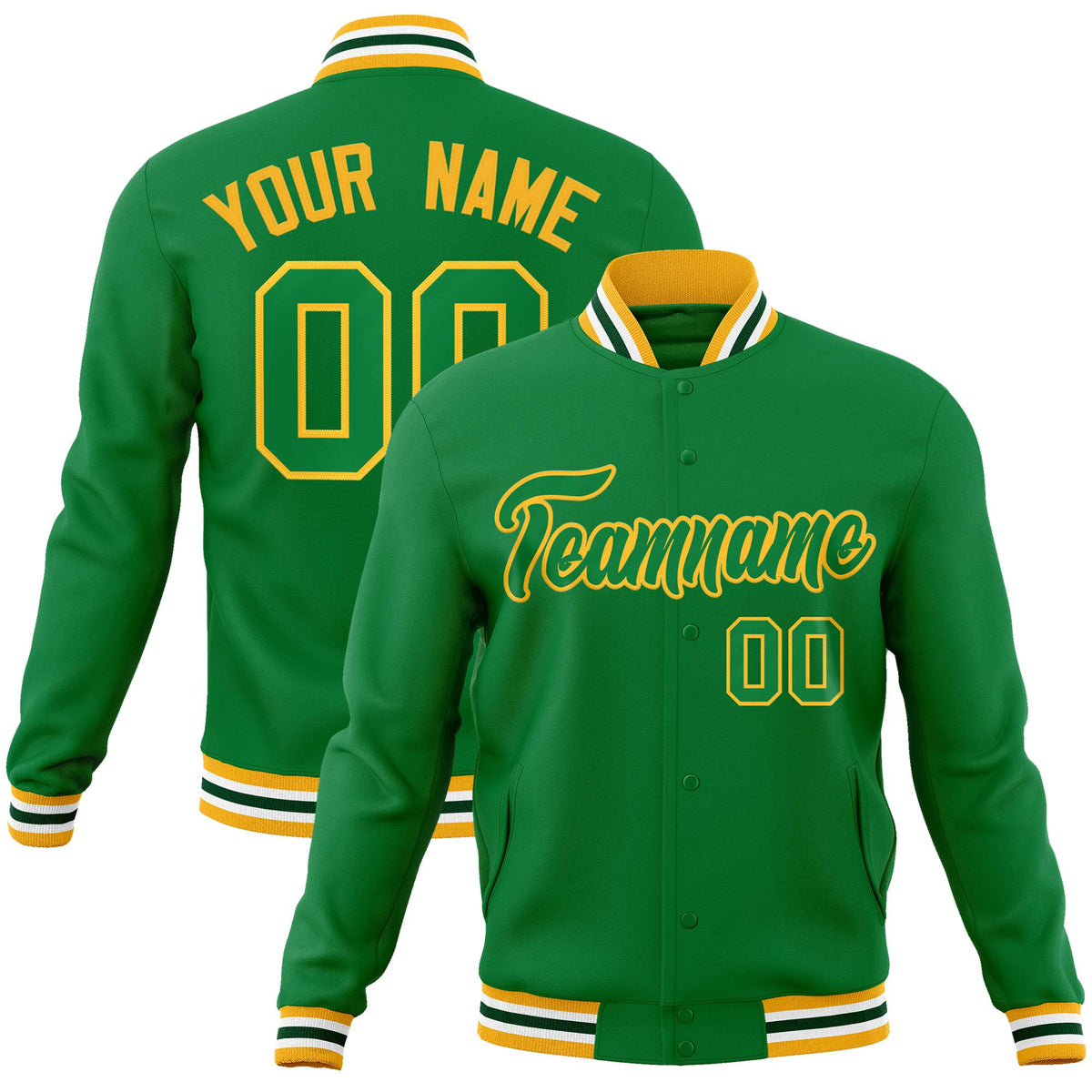 Custom Neon-Green Gold Bomber Full-Snap Varsity Letterman Jacket