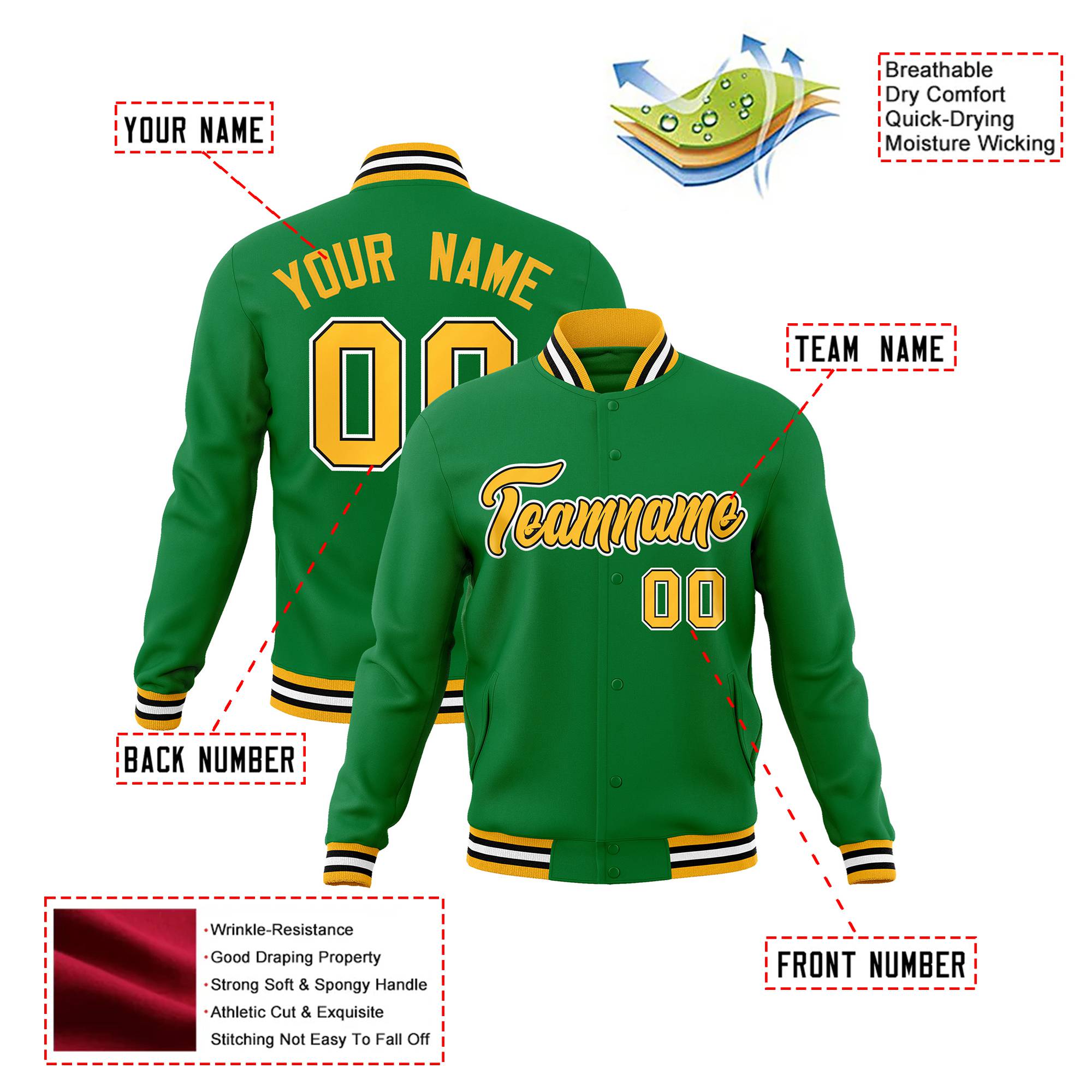 Custom Neon-Green Gold Black-White Bomber Full-Snap Varsity Letterman Jacket