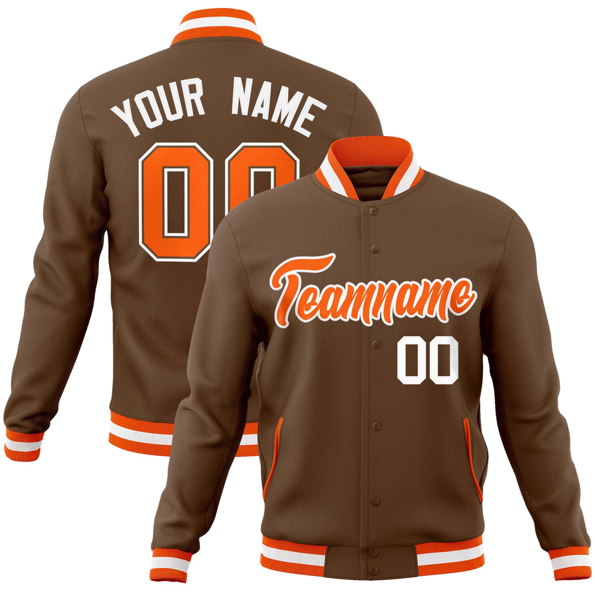 Custom Brown Orange White Bomber Full-Snap Varsity Letterman Jacket