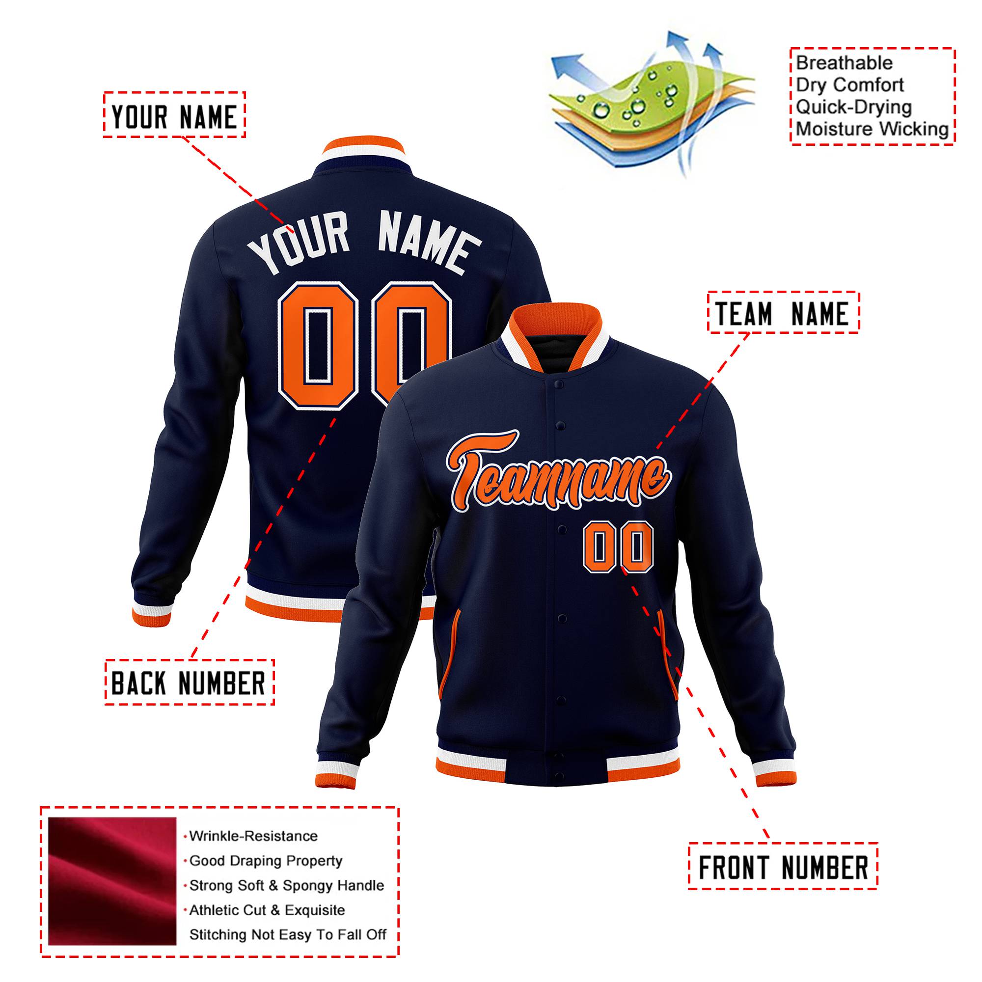 Custom Navy Orange White Bomber Full-Snap Varsity Letterman Jacket