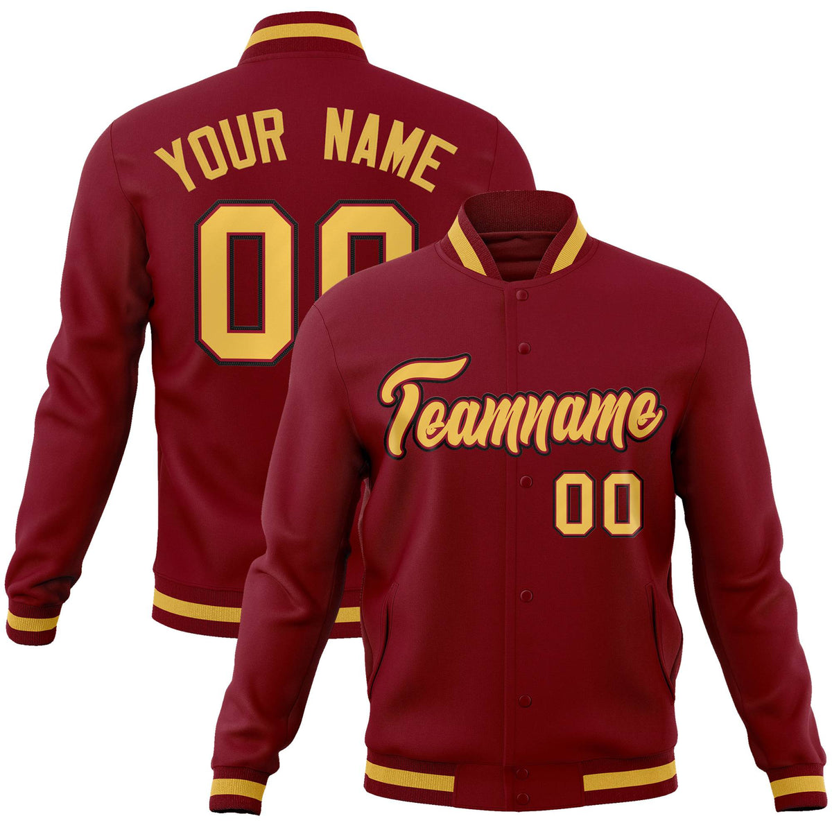 Custom Burgundy Yellow-Black Bomber Full-Snap Varsity Letterman Jacket