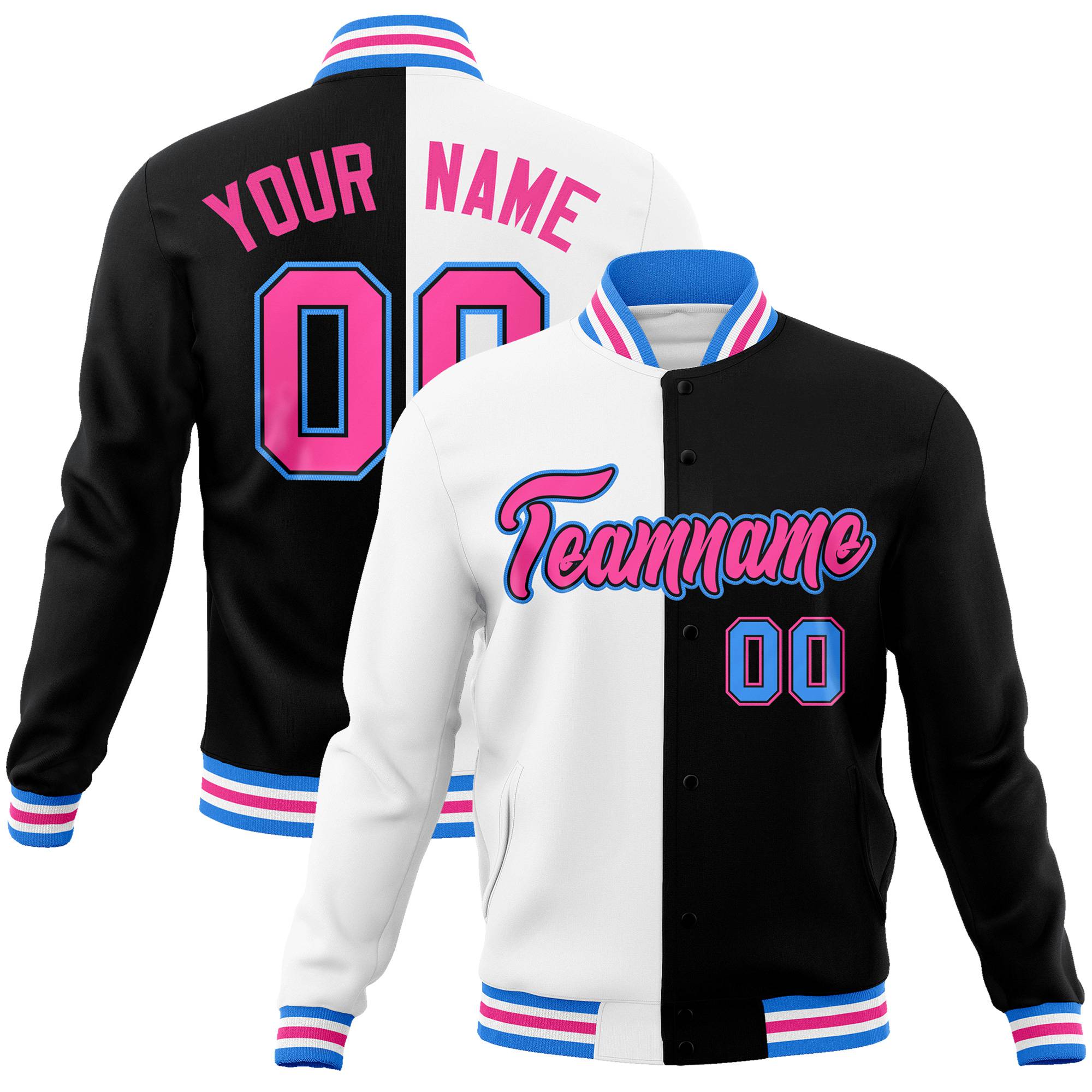 Custom White Light-Blue Black Bomber Full-Snap Varsity Letterman Split Fashion Jacket