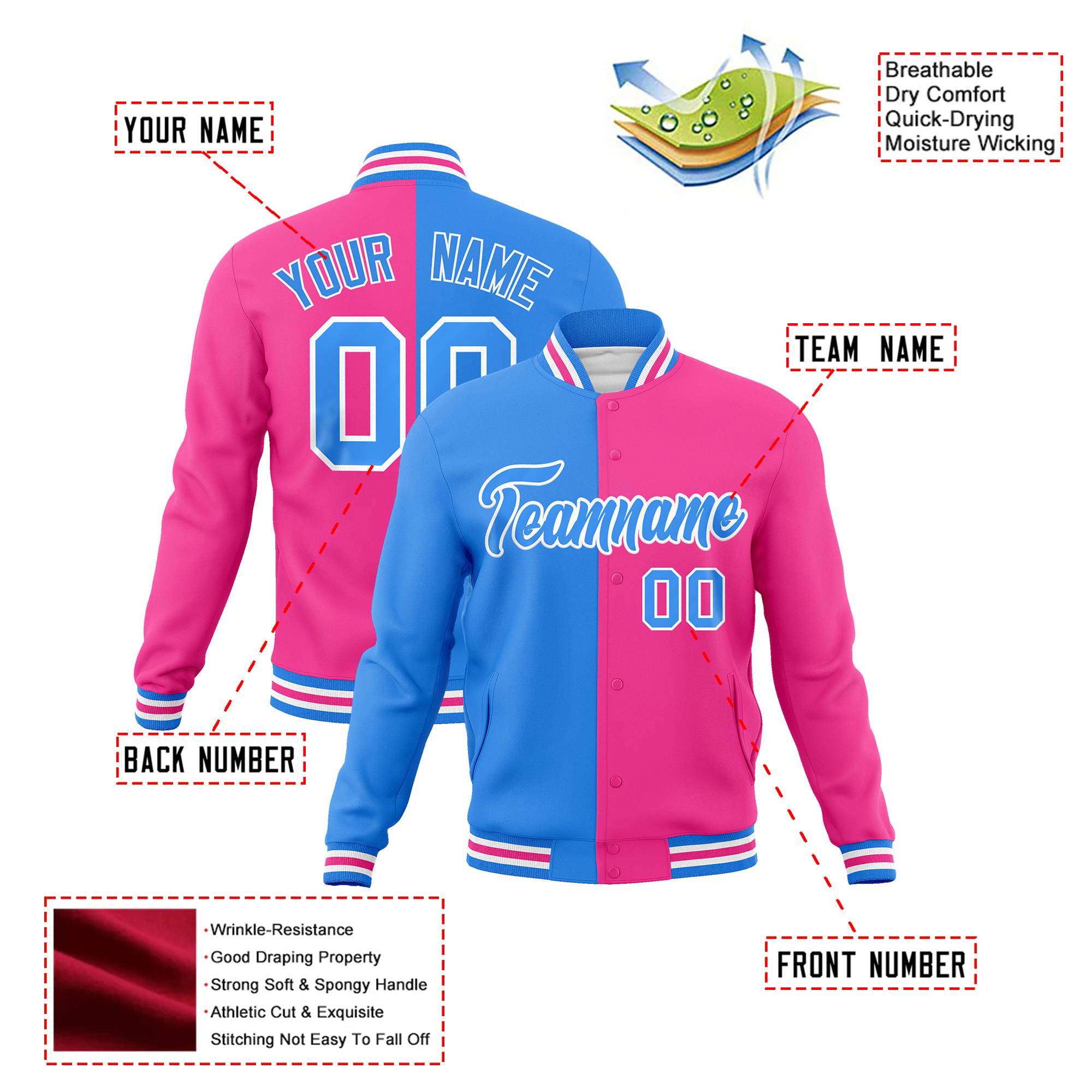 Custom Light-Blue Pink Bomber Full-Snap Varsity Letterman Split Fashion Jacket