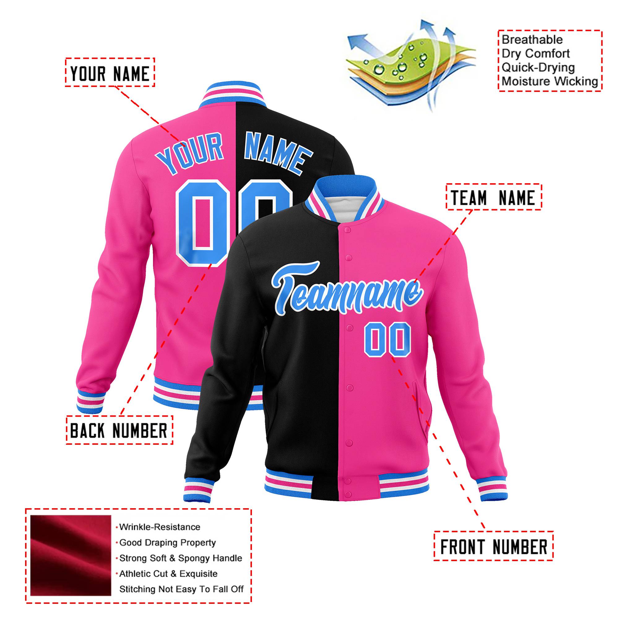 Custom Black Light-Blue Pink Bomber Full-Snap Varsity Letterman Split Fashion Jacket