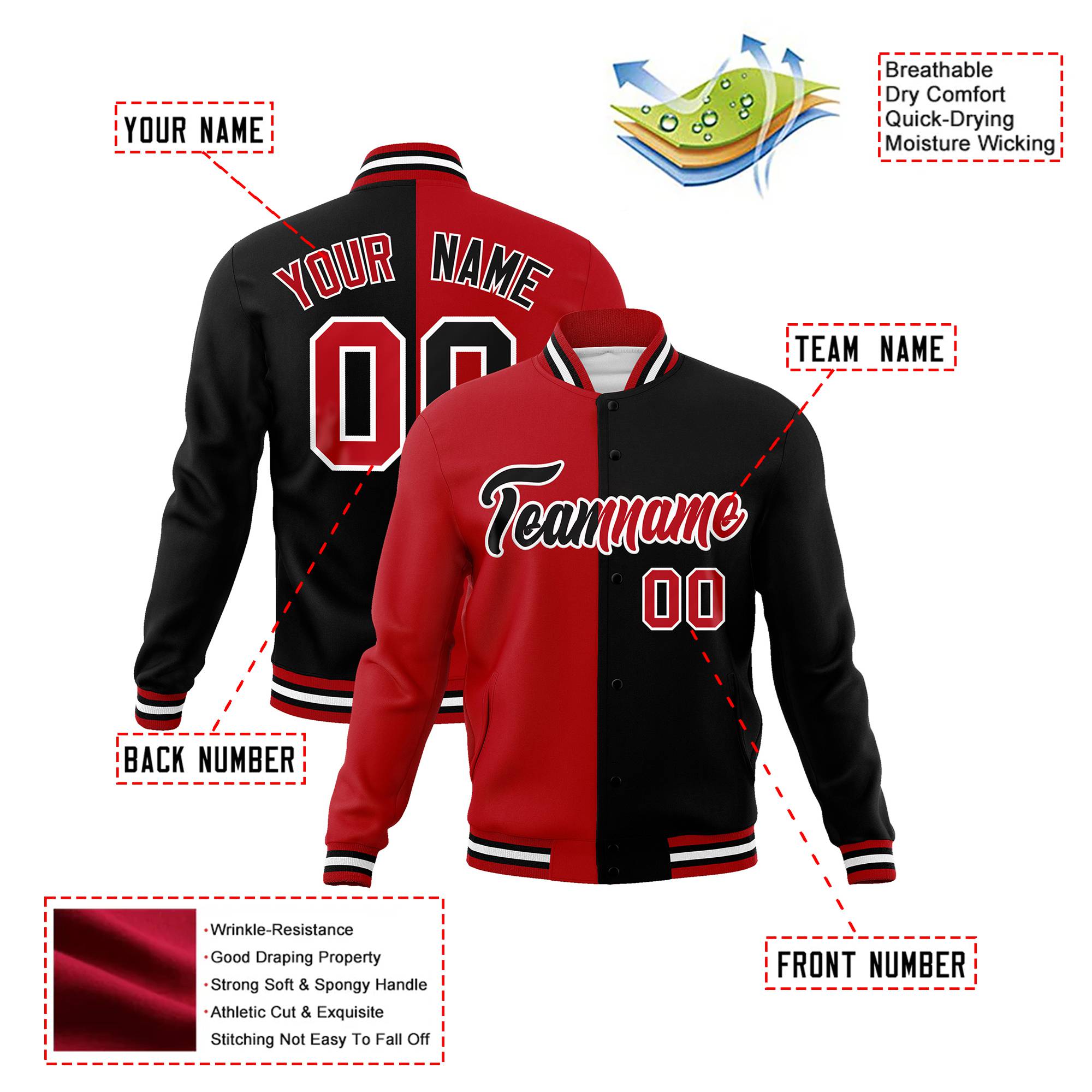 Custom Royal-Red White Black Bomber Full-Snap Varsity Letterman Split Fashion Jacket