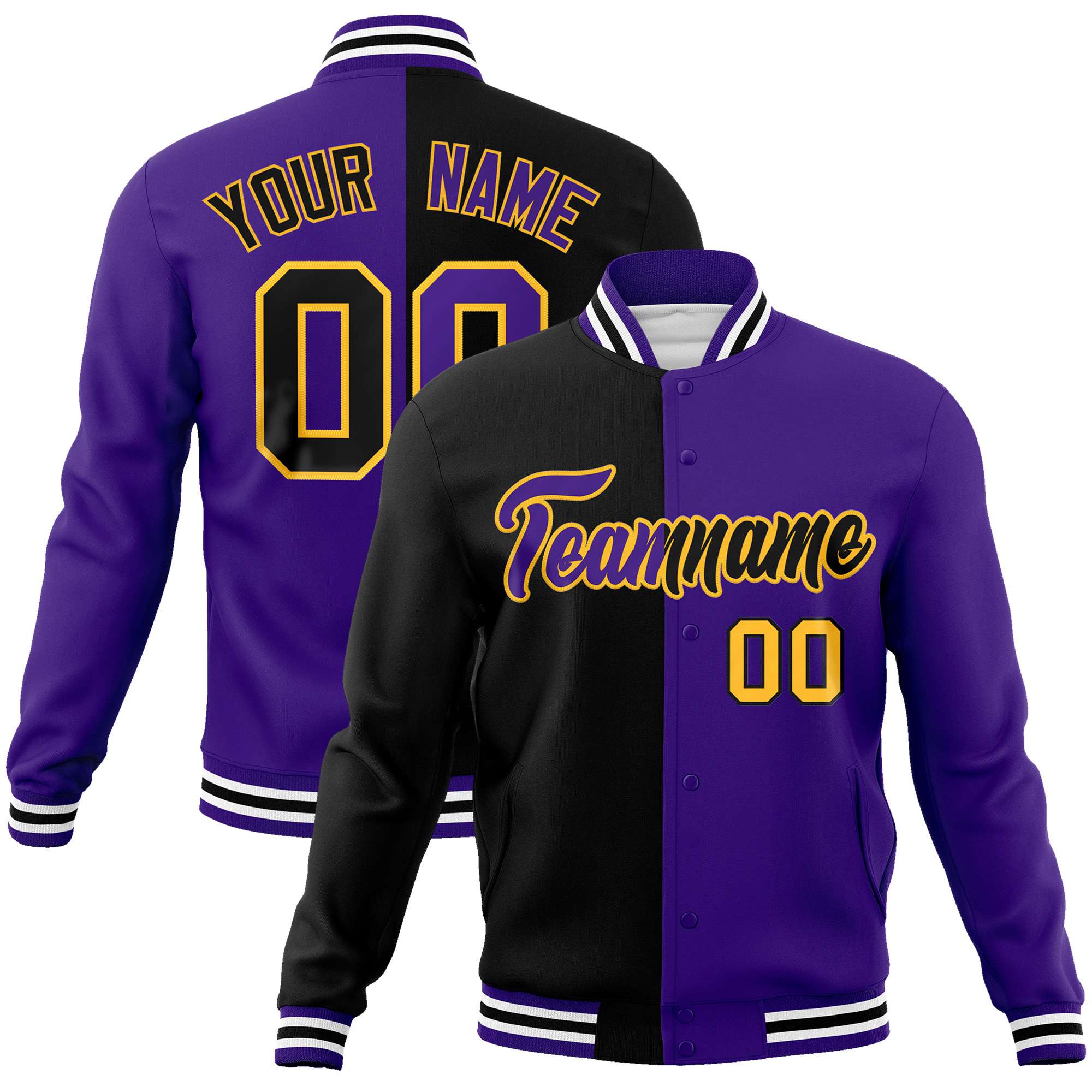 Custom Black Yellow Purple Bomber Full-Snap Varsity Letterman Split Fashion Jacket