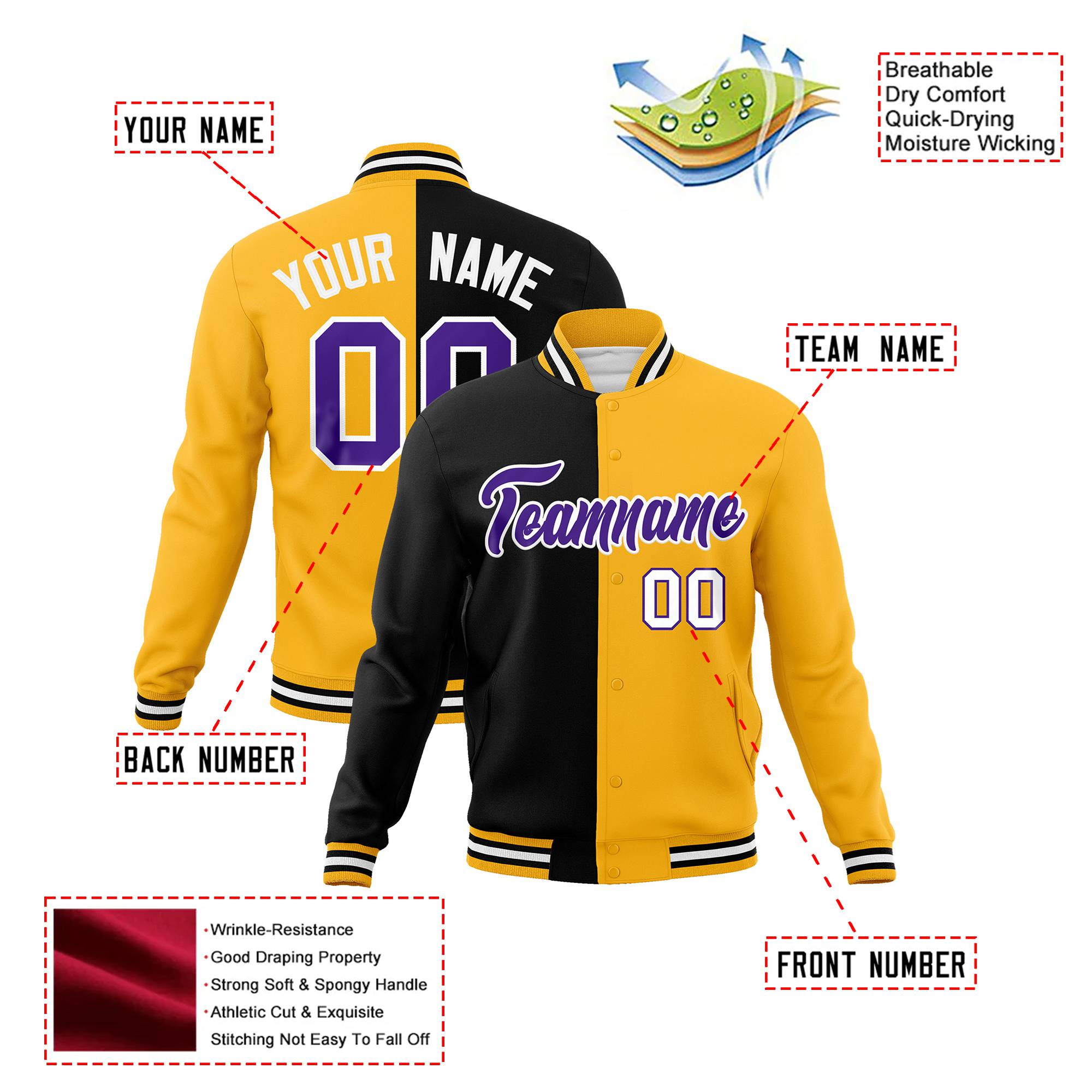 Custom Black Purple Yellow Bomber Full-Snap Varsity Letterman Split Fashion Jacket