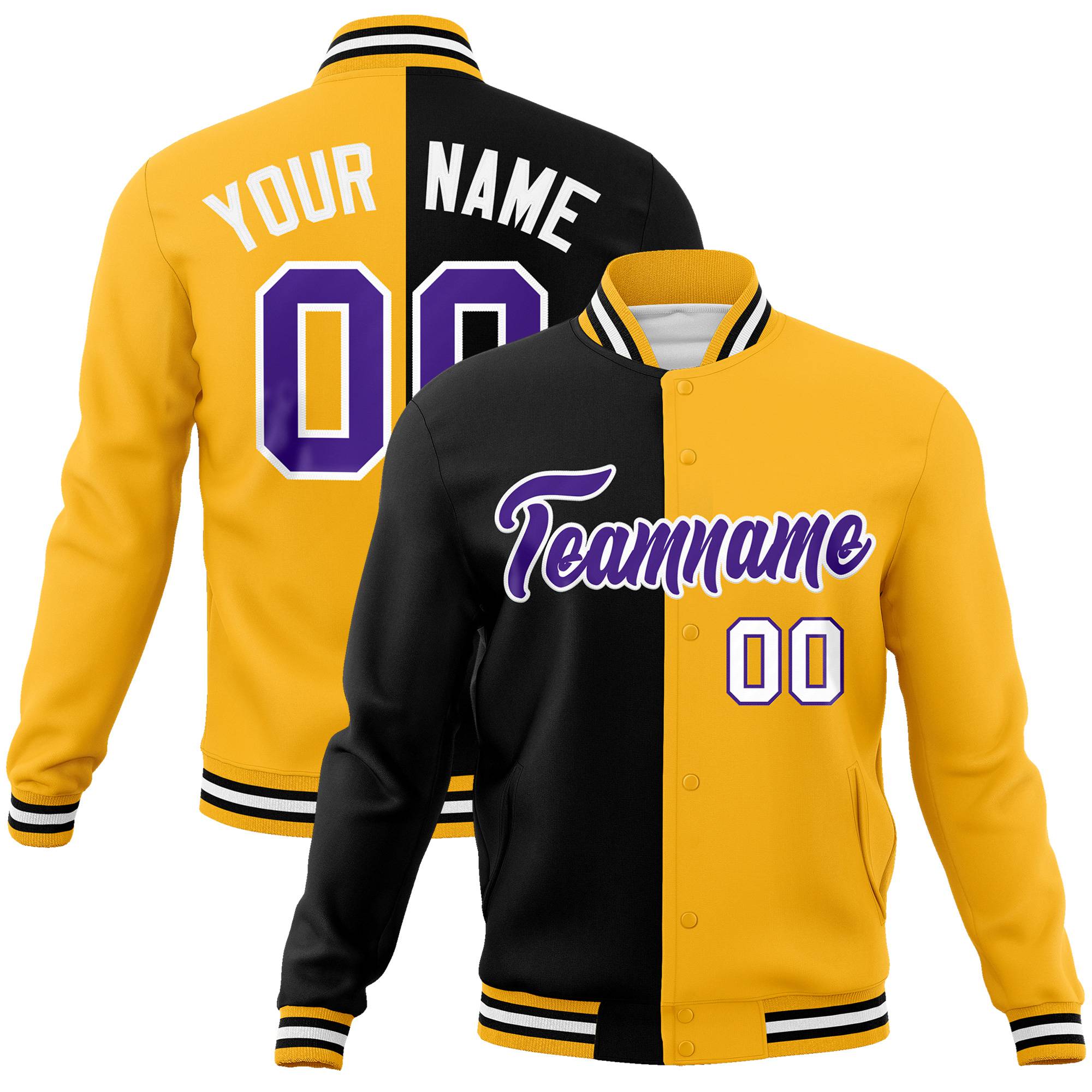 Custom Black Purple Yellow Bomber Full-Snap Varsity Letterman Split Fashion Jacket