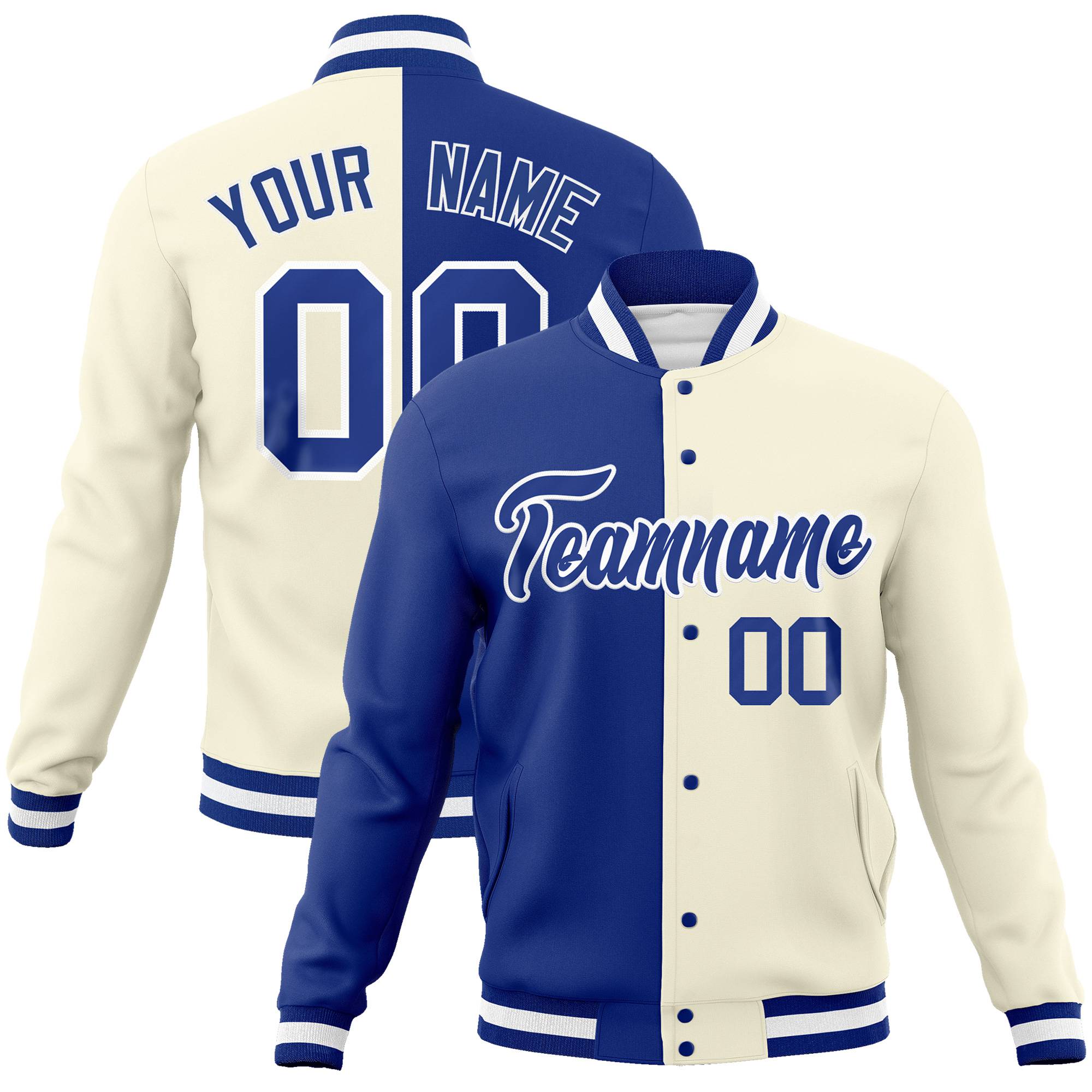 Custom Thunder-Blue Cream White Bomber Full-Snap Varsity Letterman Split Fashion Jacket