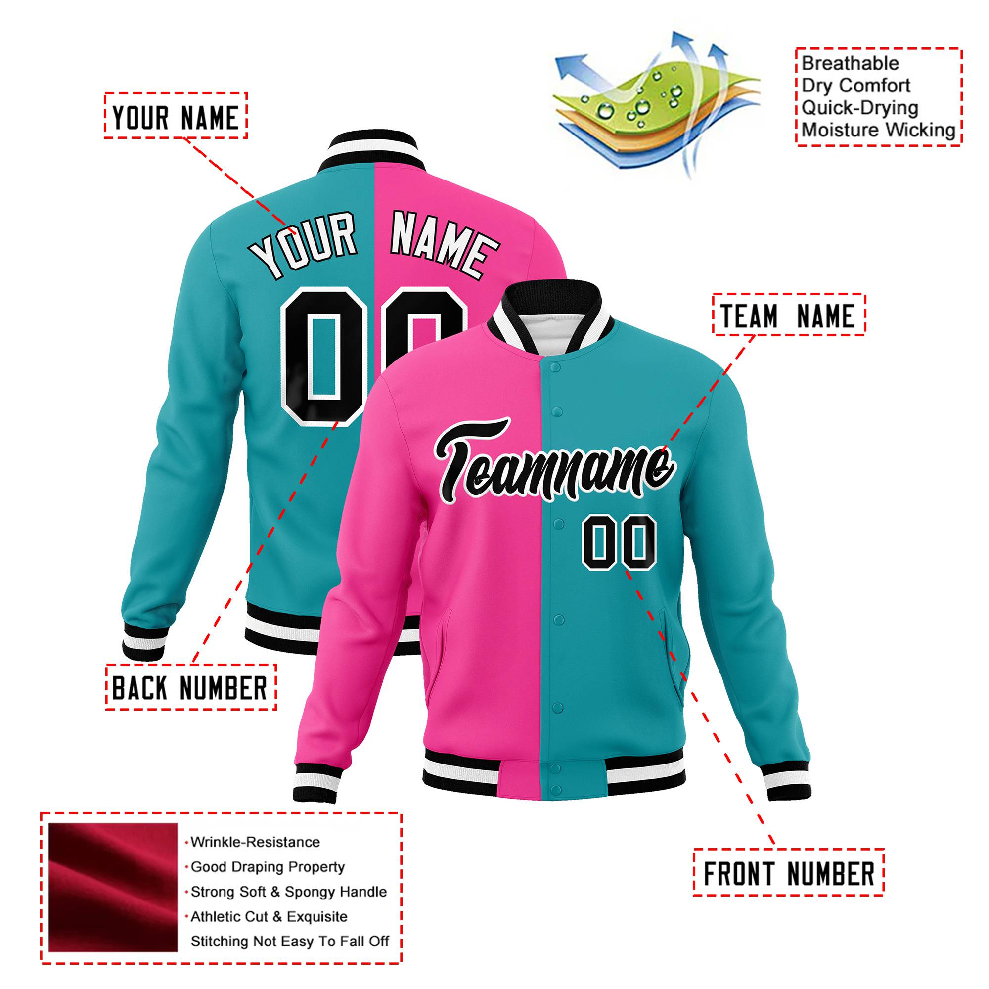 Custom Pink Aqua Black-White Bomber Full-Snap Varsity Letterman Split Fashion Jacket