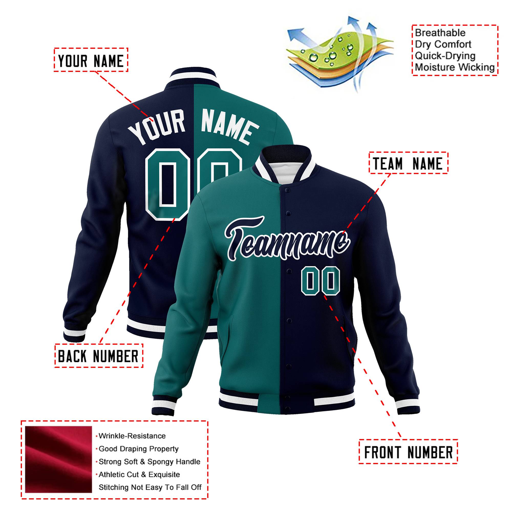 Custom Kelly-Green Navy White Bomber Full-Snap Varsity Letterman Split Fashion Jacket