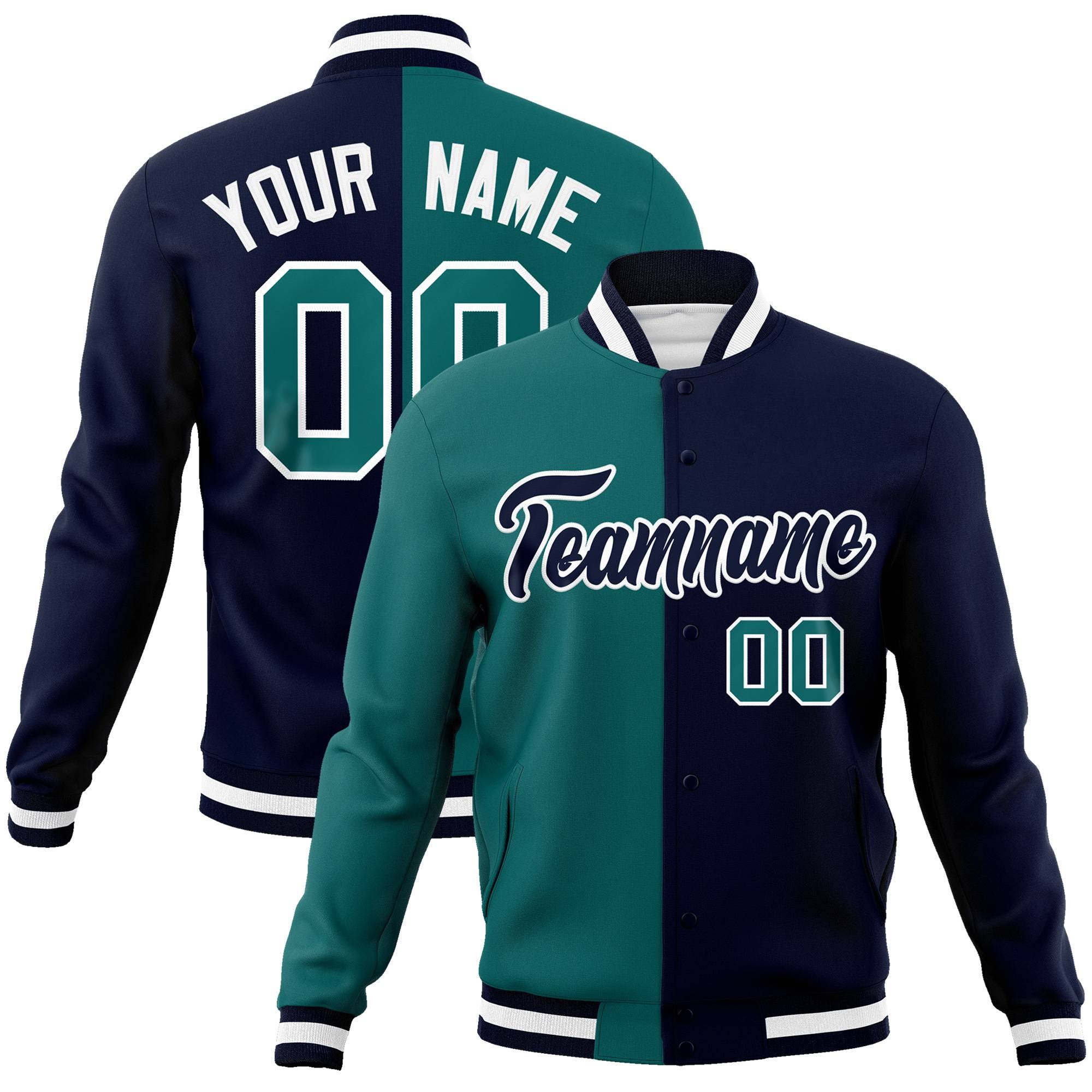 Custom Kelly-Green Navy White Bomber Full-Snap Varsity Letterman Split Fashion Jacket