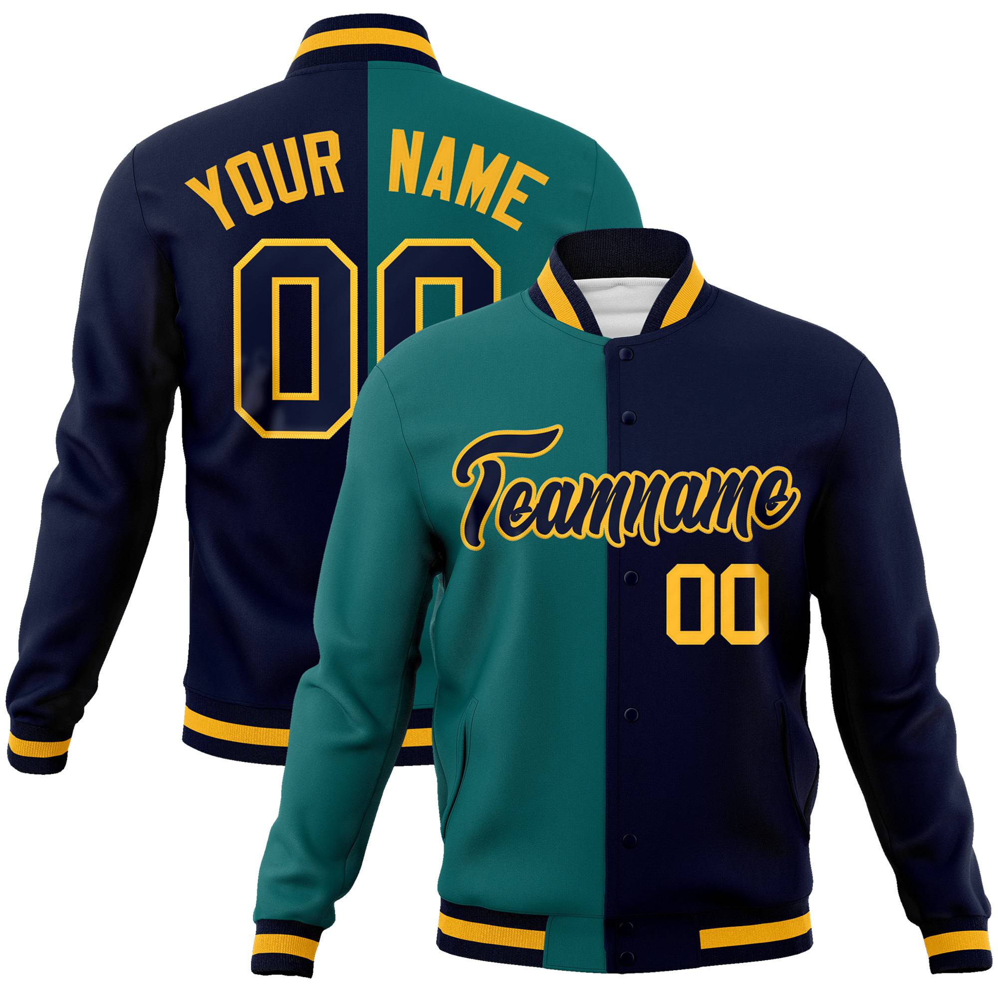 Custom Kelly-Green Navy Yellow Bomber Full-Snap Varsity Letterman Split Fashion Jacket