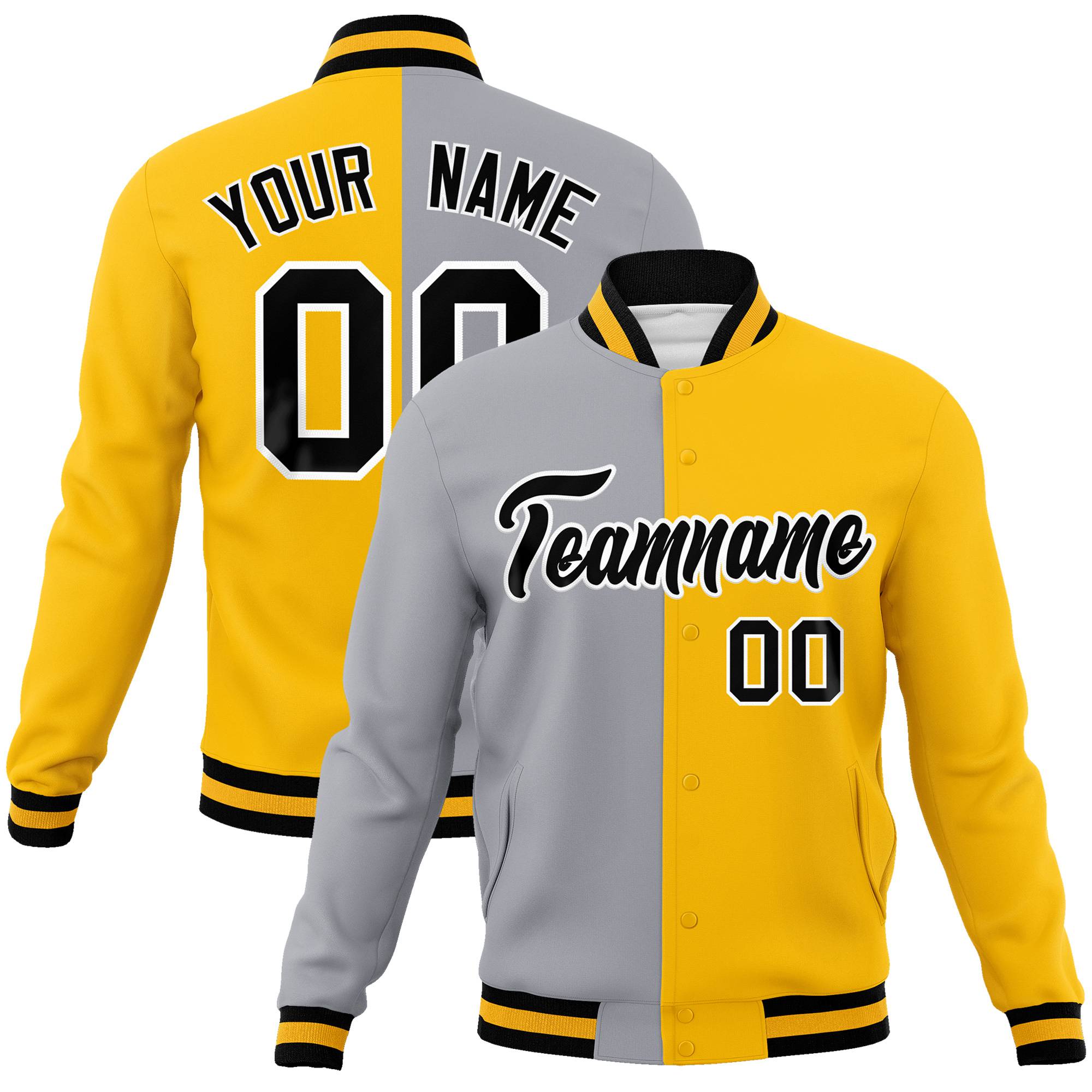 Custom Gray Yellow Black Bomber Full-Snap Varsity Letterman Split Fashion Jacket