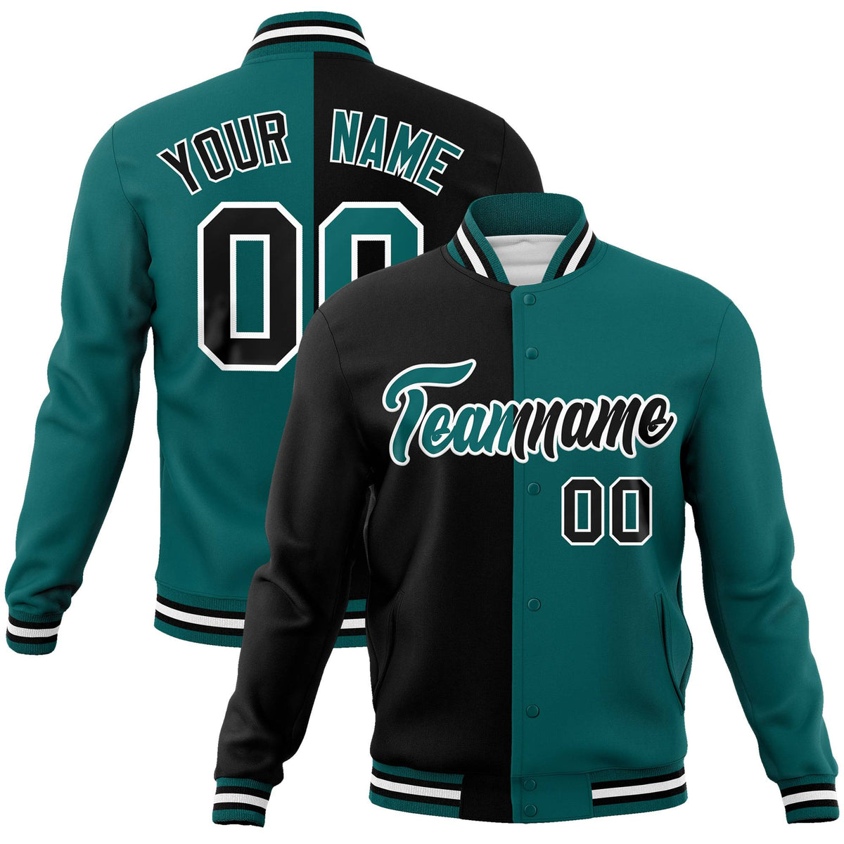 Custom Black White Aqua Bomber Full-Snap Varsity Letterman Split Fashion Jacket